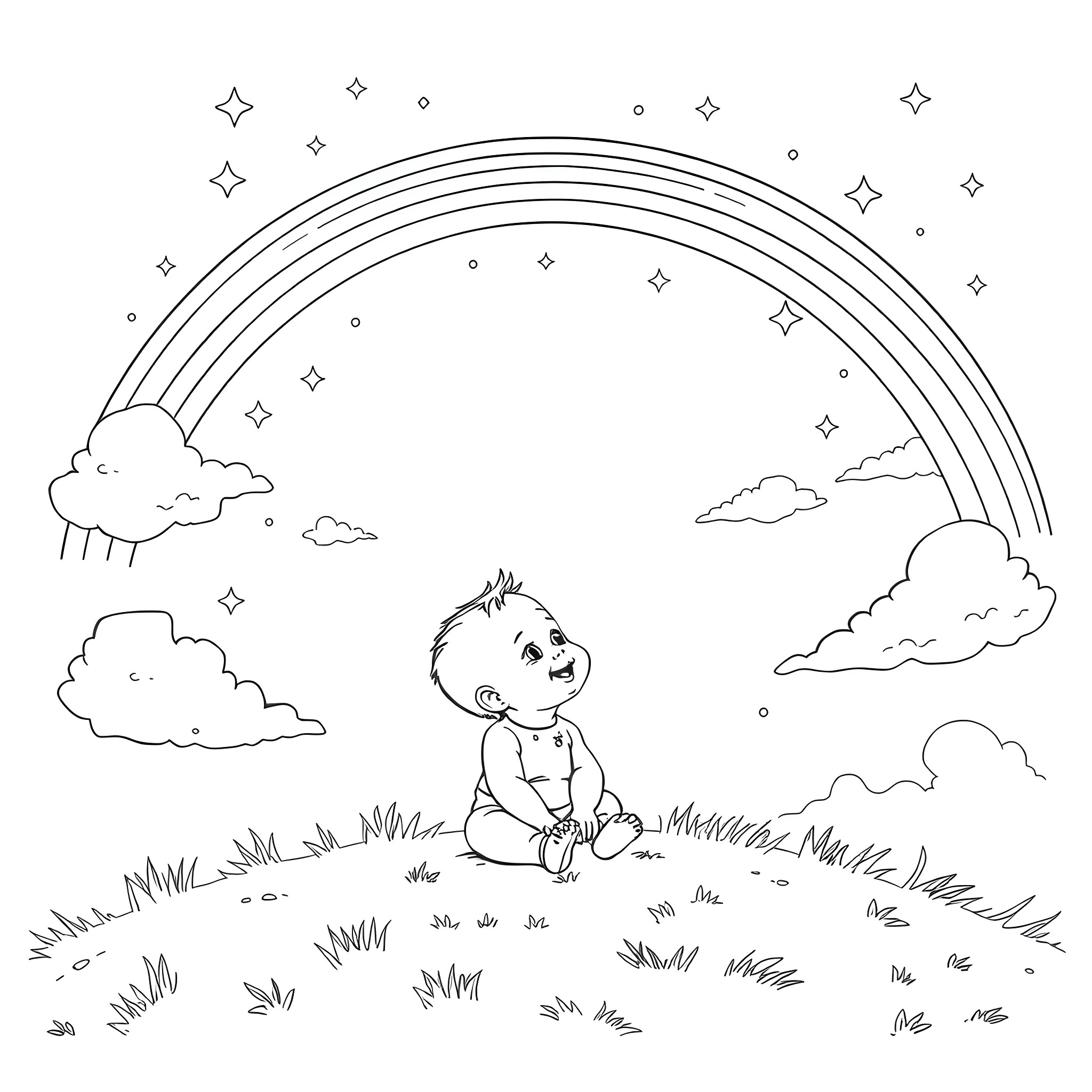 Baby sitting peacefully in the meadow under a rainbow Coloring Page (free black-and-white line drawing printable PDF for all, from beginners to advanced learners, including children, teens, adults, and seniors)
