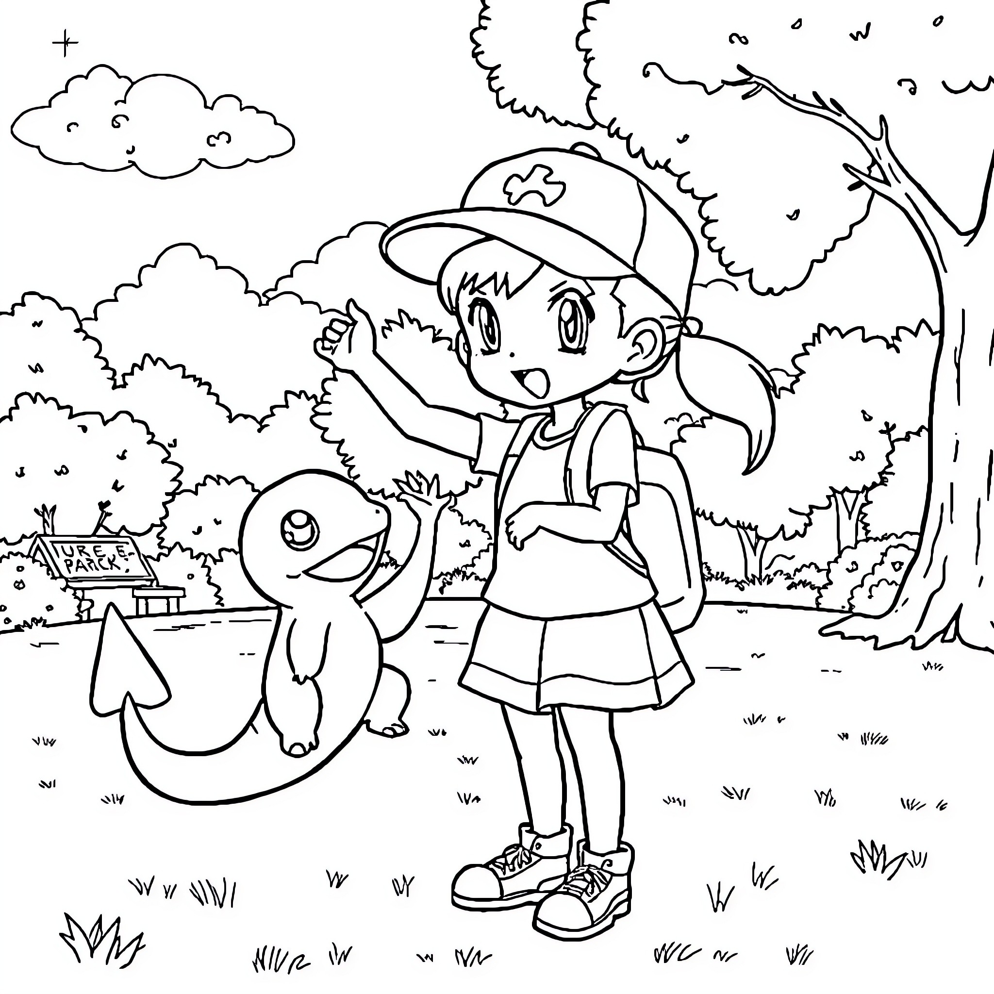 Girl exploring nature with a cute companion Coloring Page (free black-and-white line drawing printable PDF for all, from beginners to advanced learners, including children, teens, adults, and seniors)