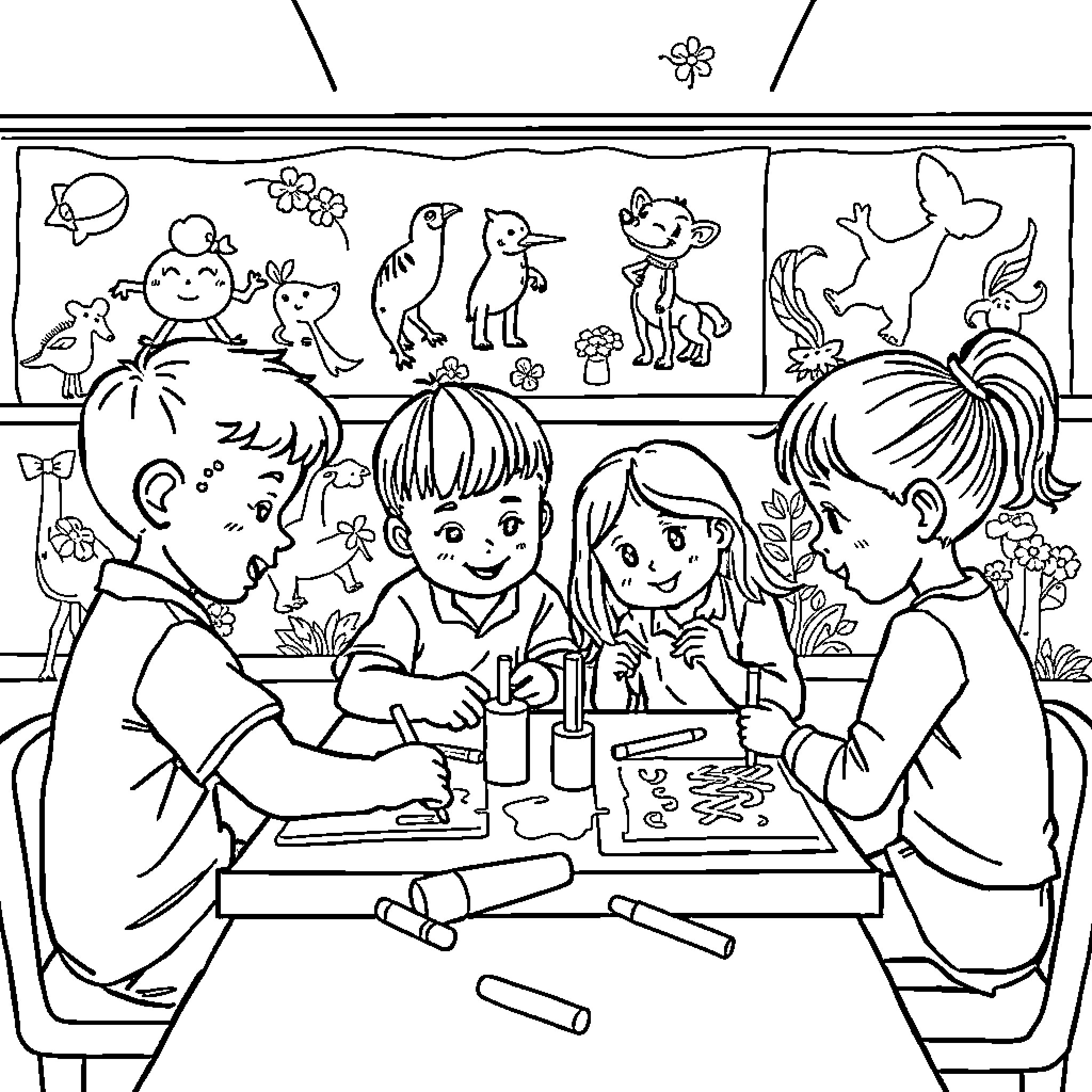 Child drawing and coloring with friends in classroom Coloring Page (free black-and-white line drawing printable PDF for all, from beginners to advanced learners, including children, teens, adults, and seniors)