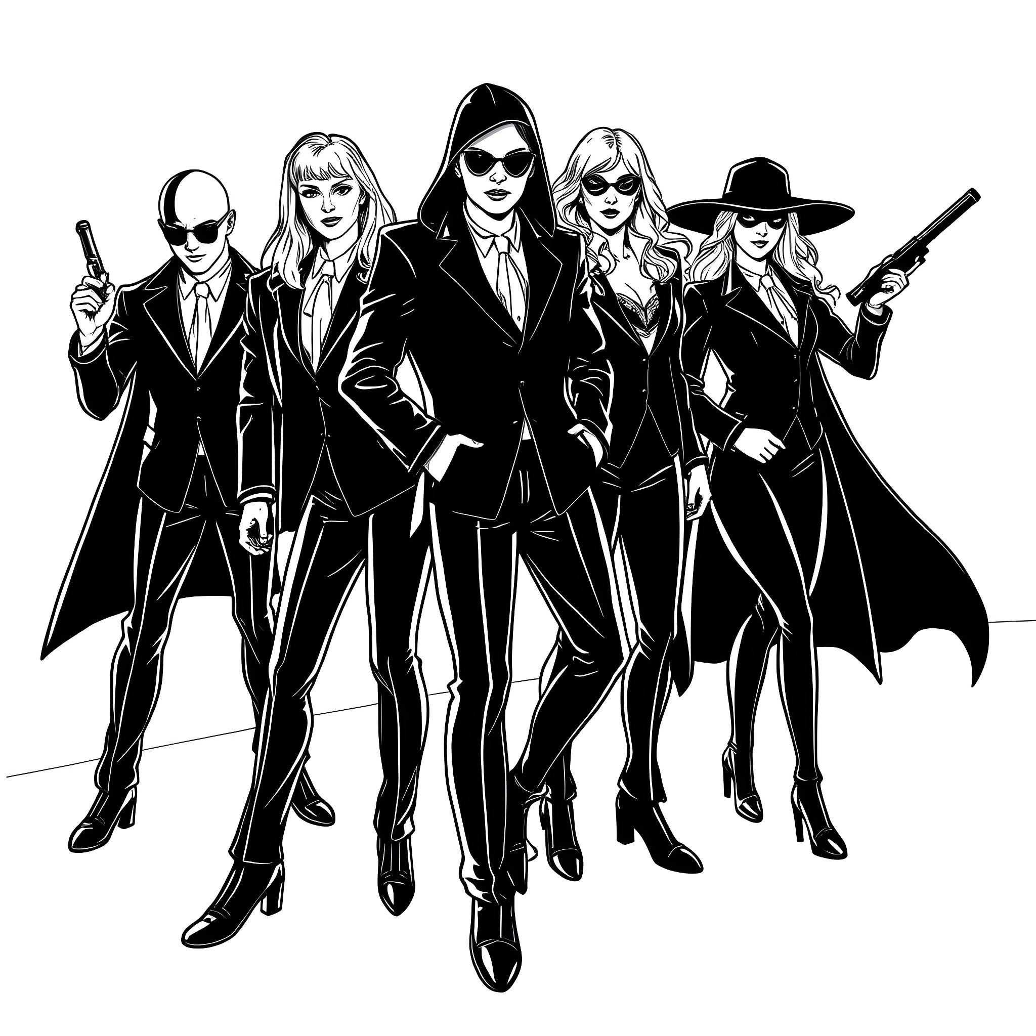 Abba: Stylish Secret Agents in Black Coloring Page (free black-and-white line drawing printable PDF for all, from beginners to advanced learners, including children, teens, adults, and seniors)