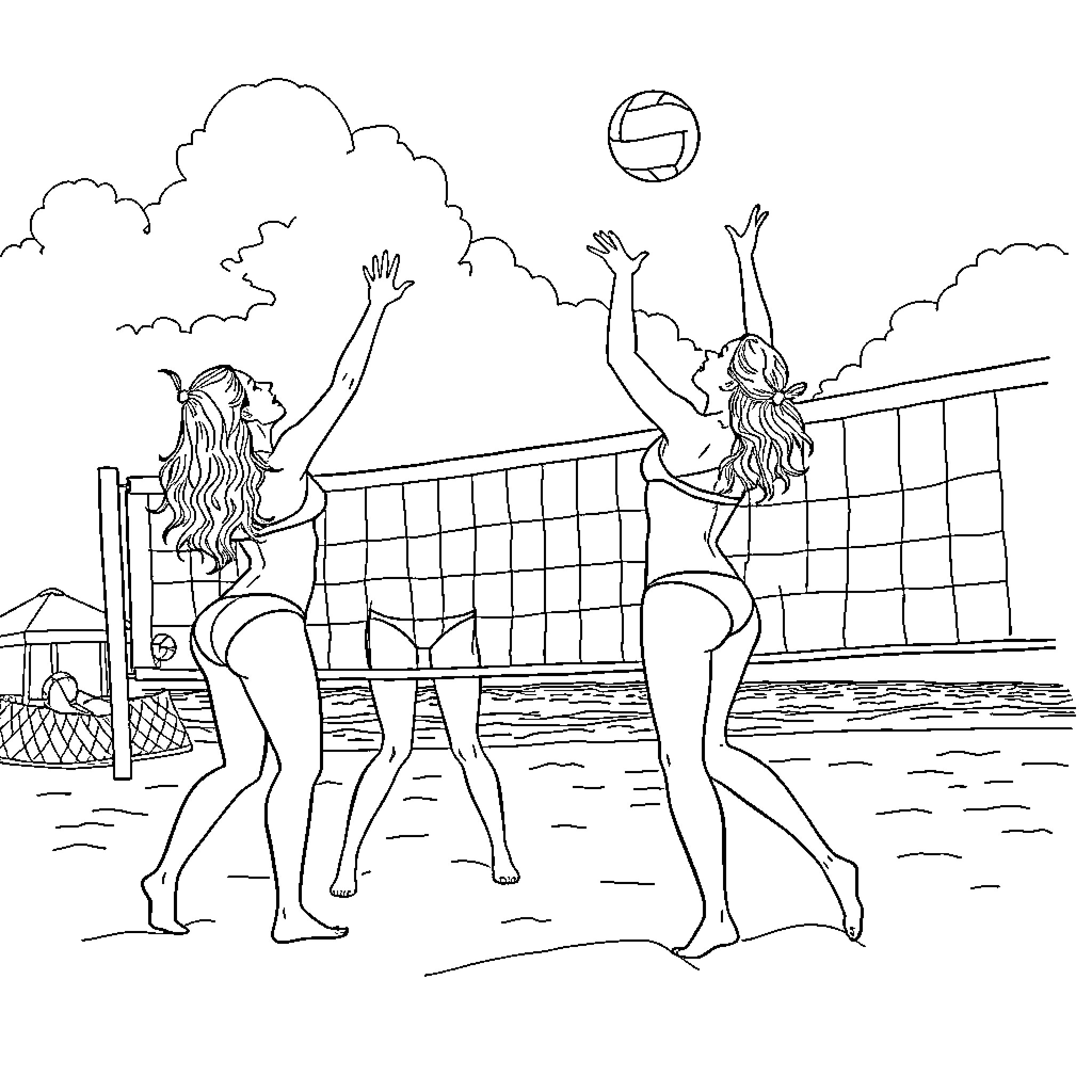 Women playing lively beach volleyball game Coloring Page (free black-and-white line drawing printable PDF for all, from beginners to advanced learners, including children, teens, adults, and seniors)