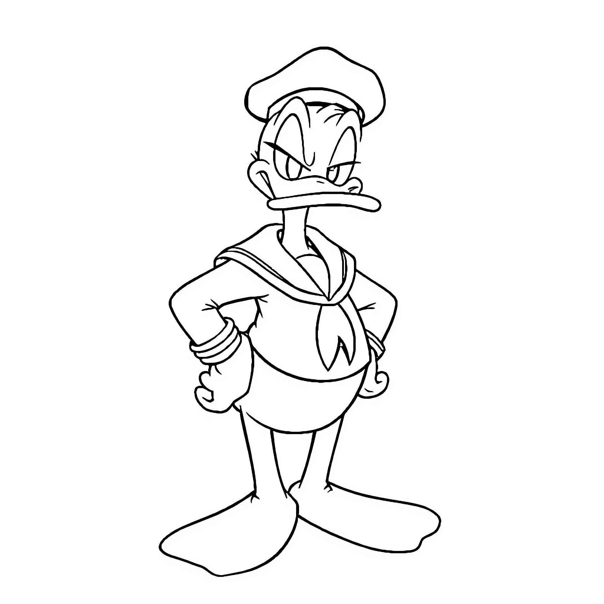 Donald Duck in a Sailor Outfit Coloring Page (free black-and-white line drawing printable PDF for all, from beginners to advanced learners, including children, teens, adults, and seniors)