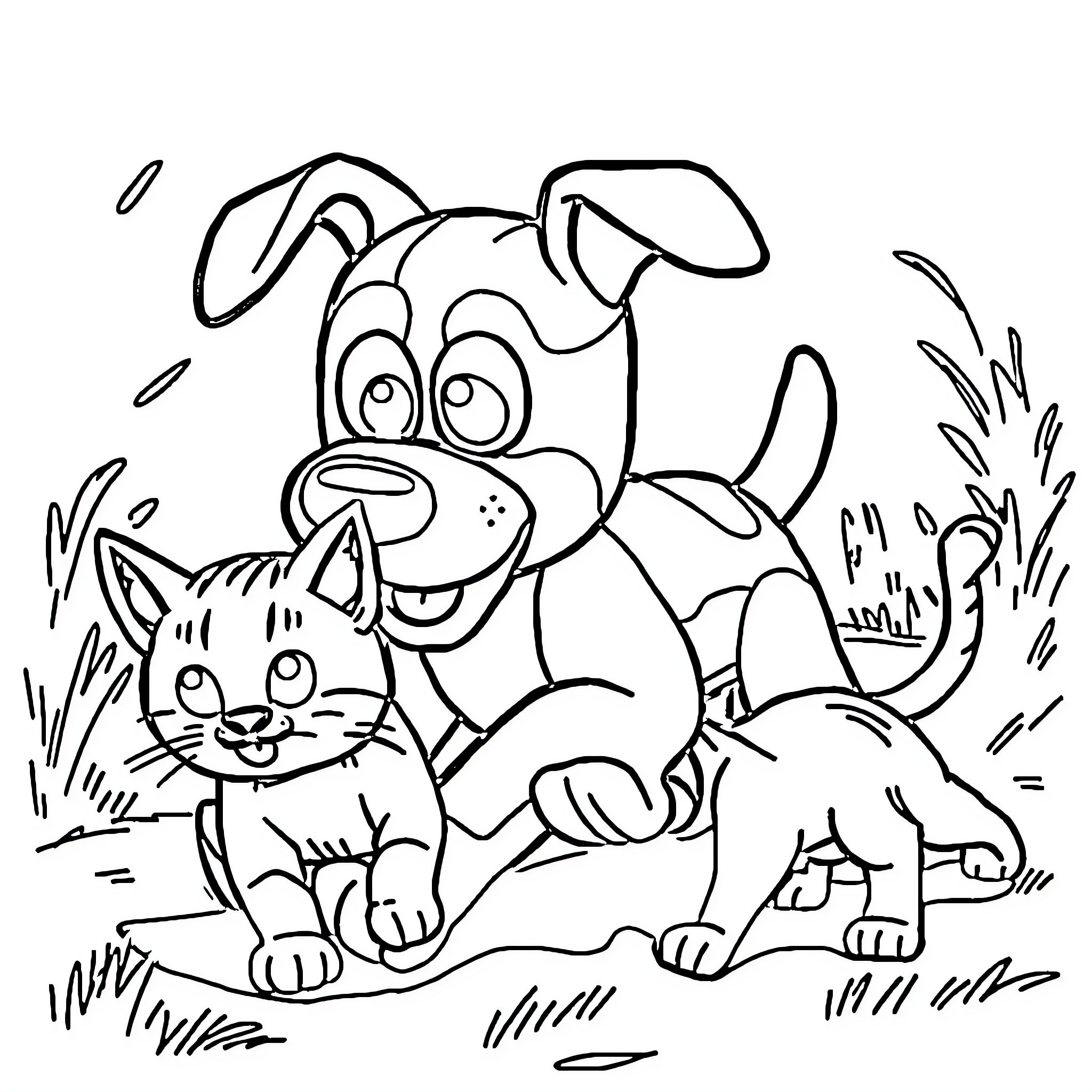 Dog and cat playing together in the grass Coloring Page (free black-and-white line drawing printable PDF for all, from beginners to advanced learners, including children, teens, adults, and seniors)