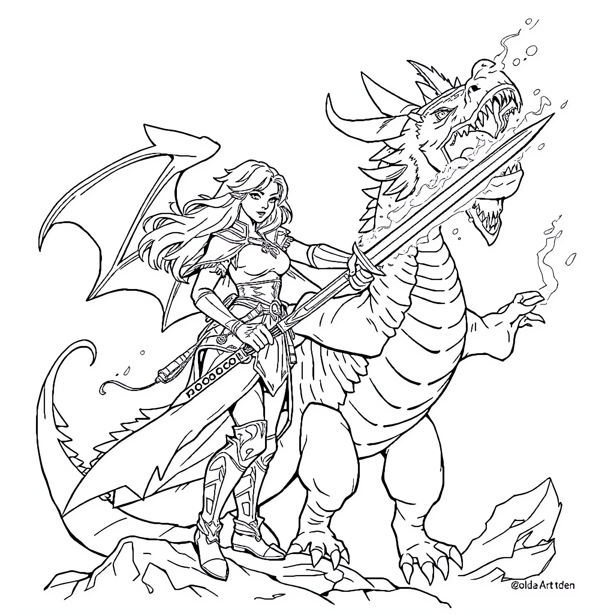 Heroine Slaying the Fierce Dragon Coloring Page (free black-and-white line drawing printable PDF for all, from beginners to advanced learners, including children, teens, adults, and seniors)