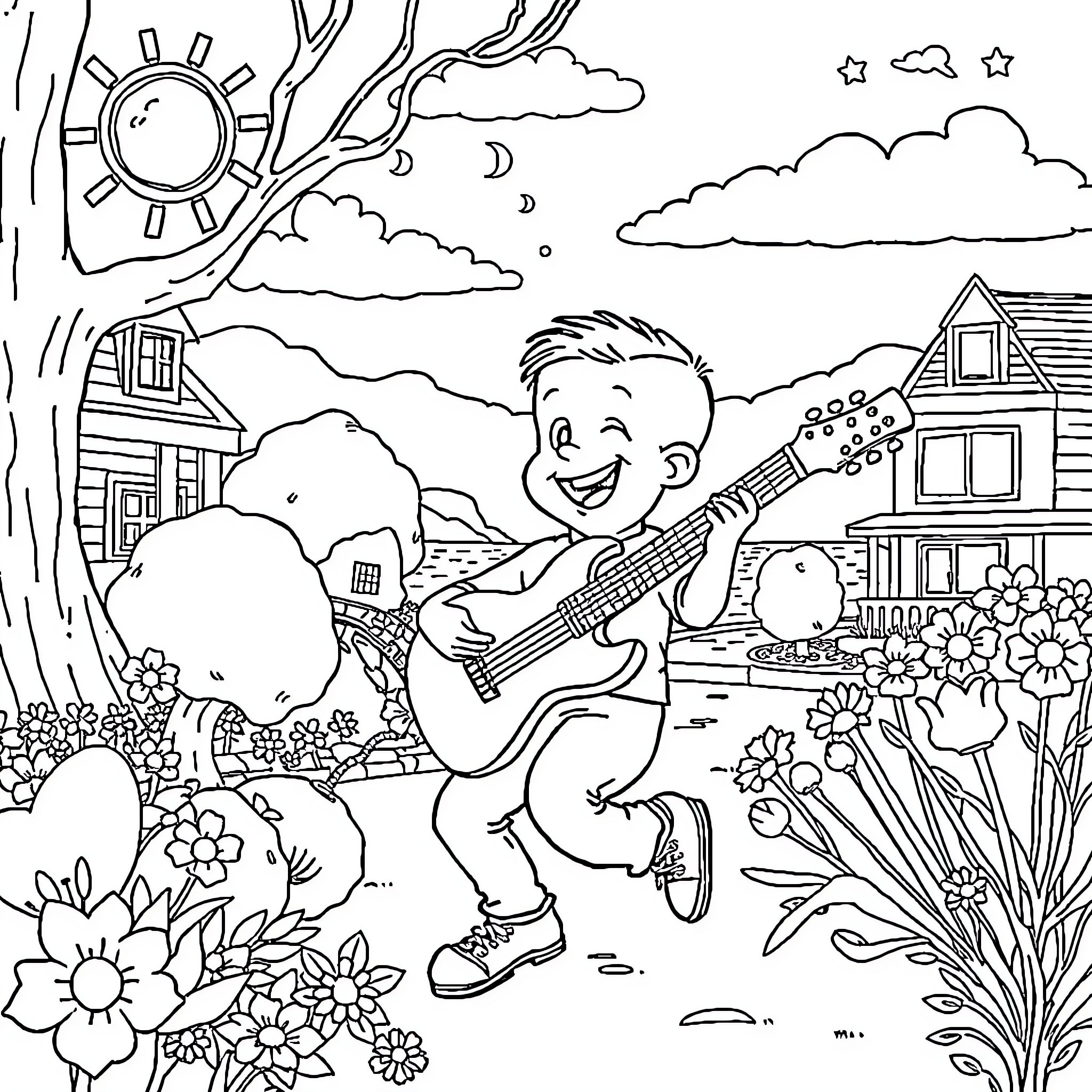Juan Carlos playing guitar in a lively outdoor scene Coloring Page (free black-and-white line drawing printable PDF for all, from beginners to advanced learners, including children, teens, adults, and seniors)