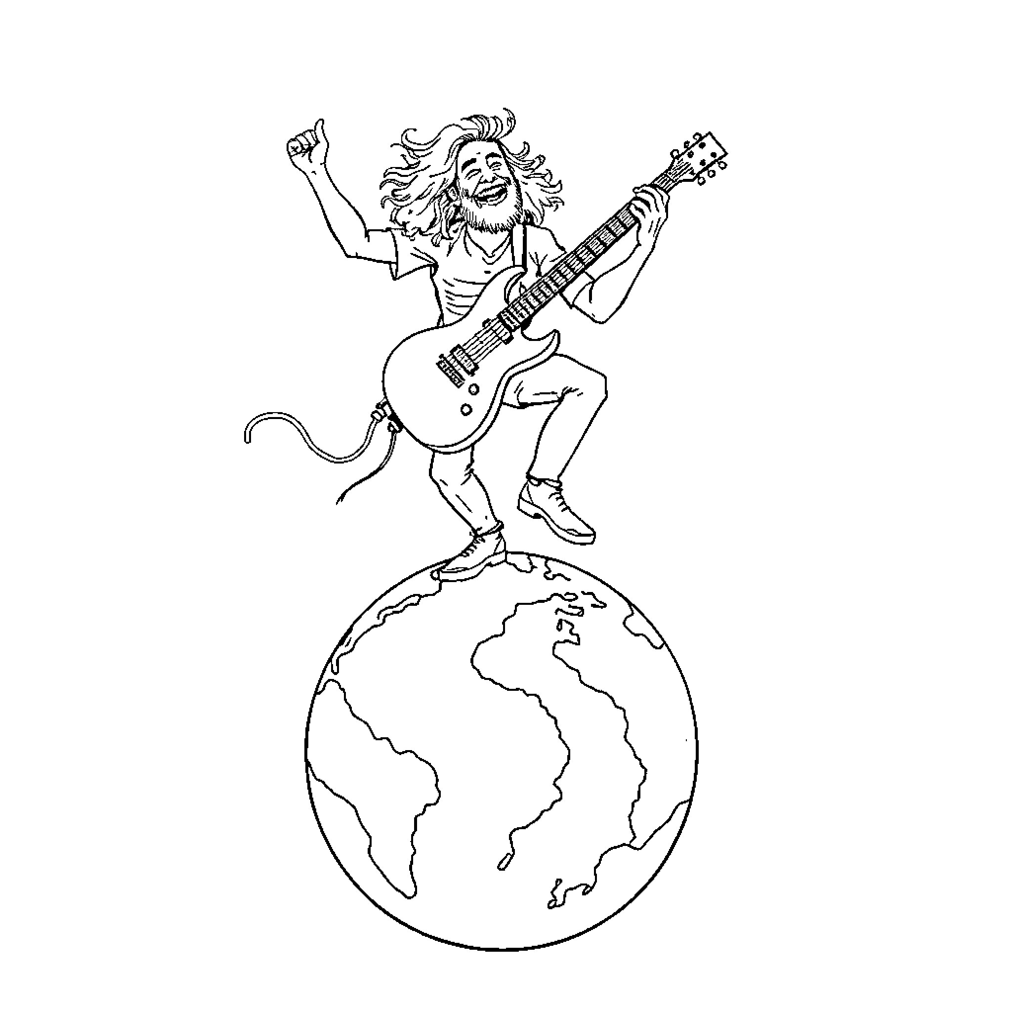Guthrie Govan Rocking the World with Guitar Coloring Page (free black-and-white line drawing printable PDF for all, from beginners to advanced learners, including children, teens, adults, and seniors)