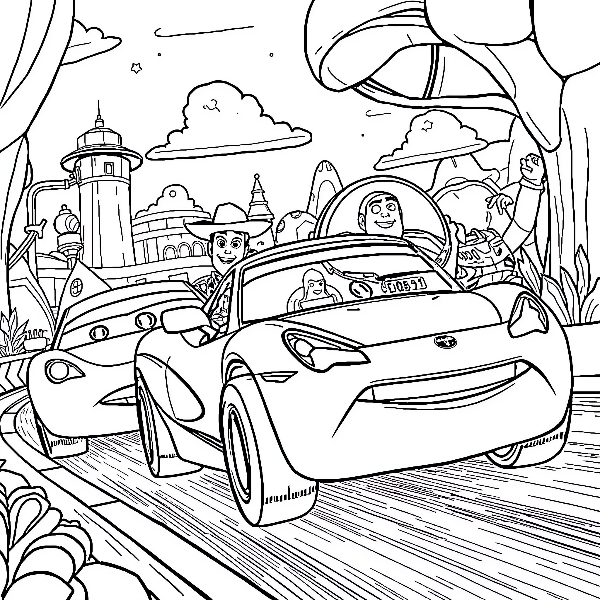 Car racing through a whimsical fantasy landscape Coloring Page (free black-and-white line drawing printable PDF for all, from beginners to advanced learners, including children, teens, adults, and seniors)