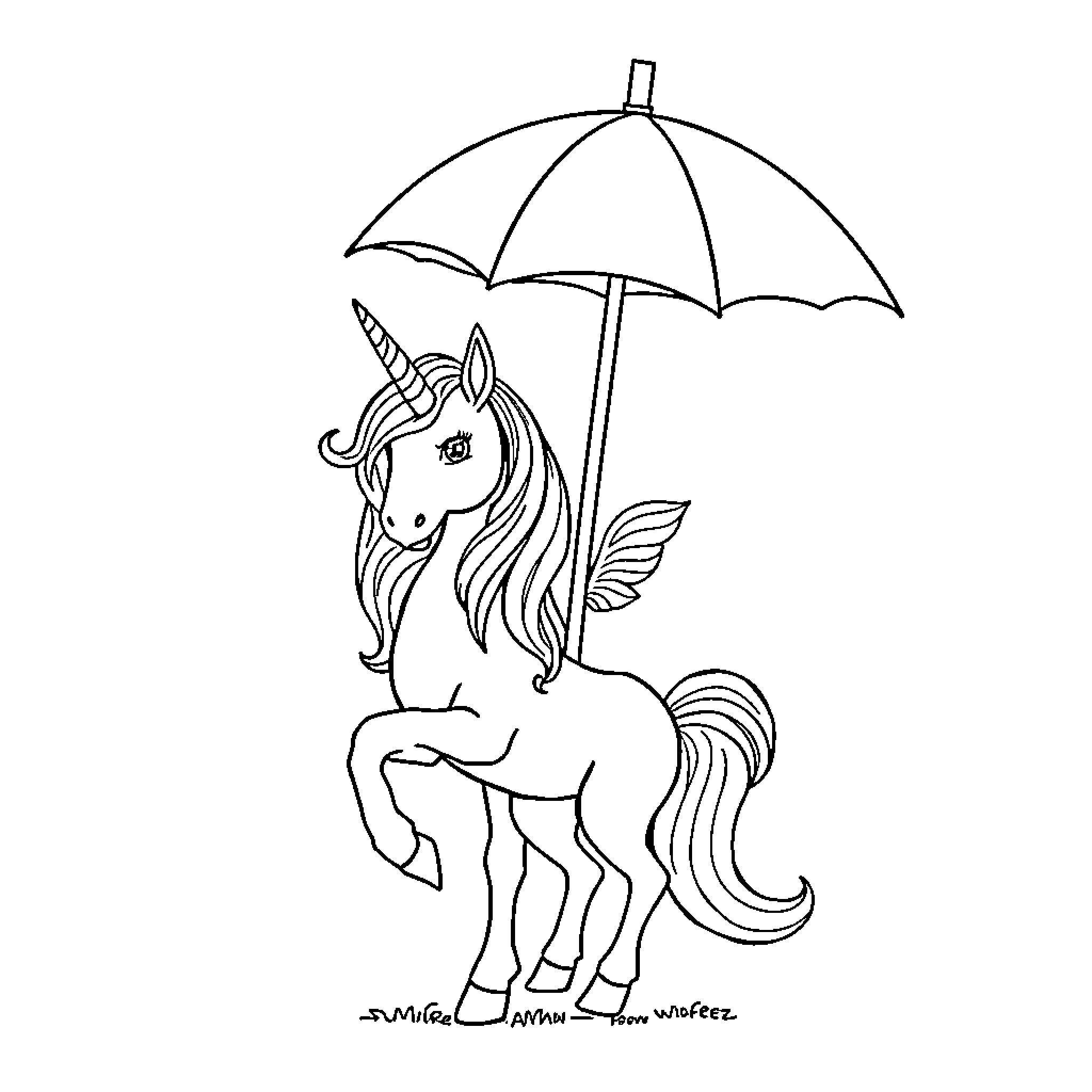 Unicorn seeking shelter under umbrella Coloring Page (free black-and-white line drawing printable PDF for all, from beginners to advanced learners, including children, teens, adults, and seniors)