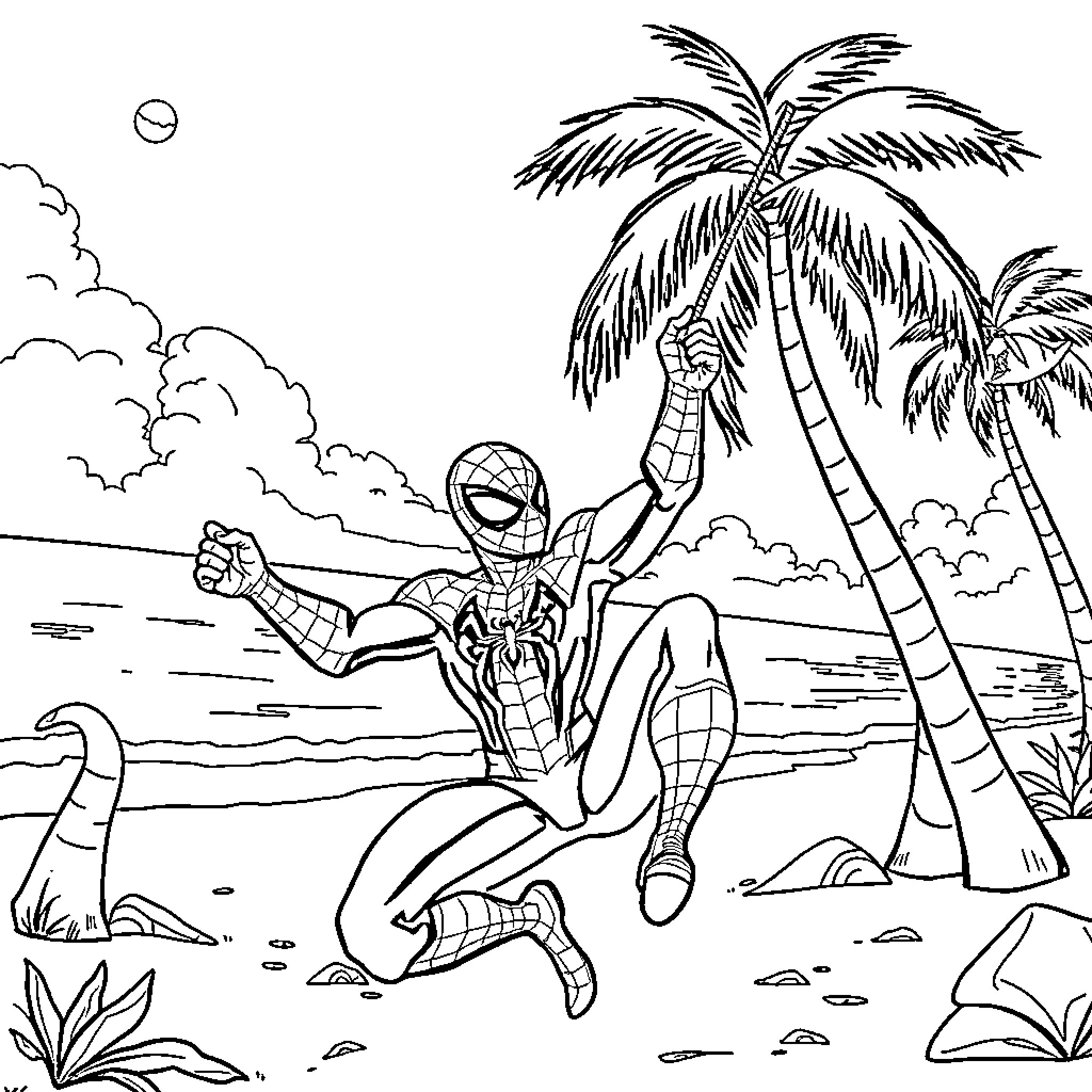 Spider-Man Swinging Through Palm Trees on a Tropical Beach Coloring Page (free black-and-white line drawing printable PDF for all, from beginners to advanced learners, including children, teens, adults, and seniors)