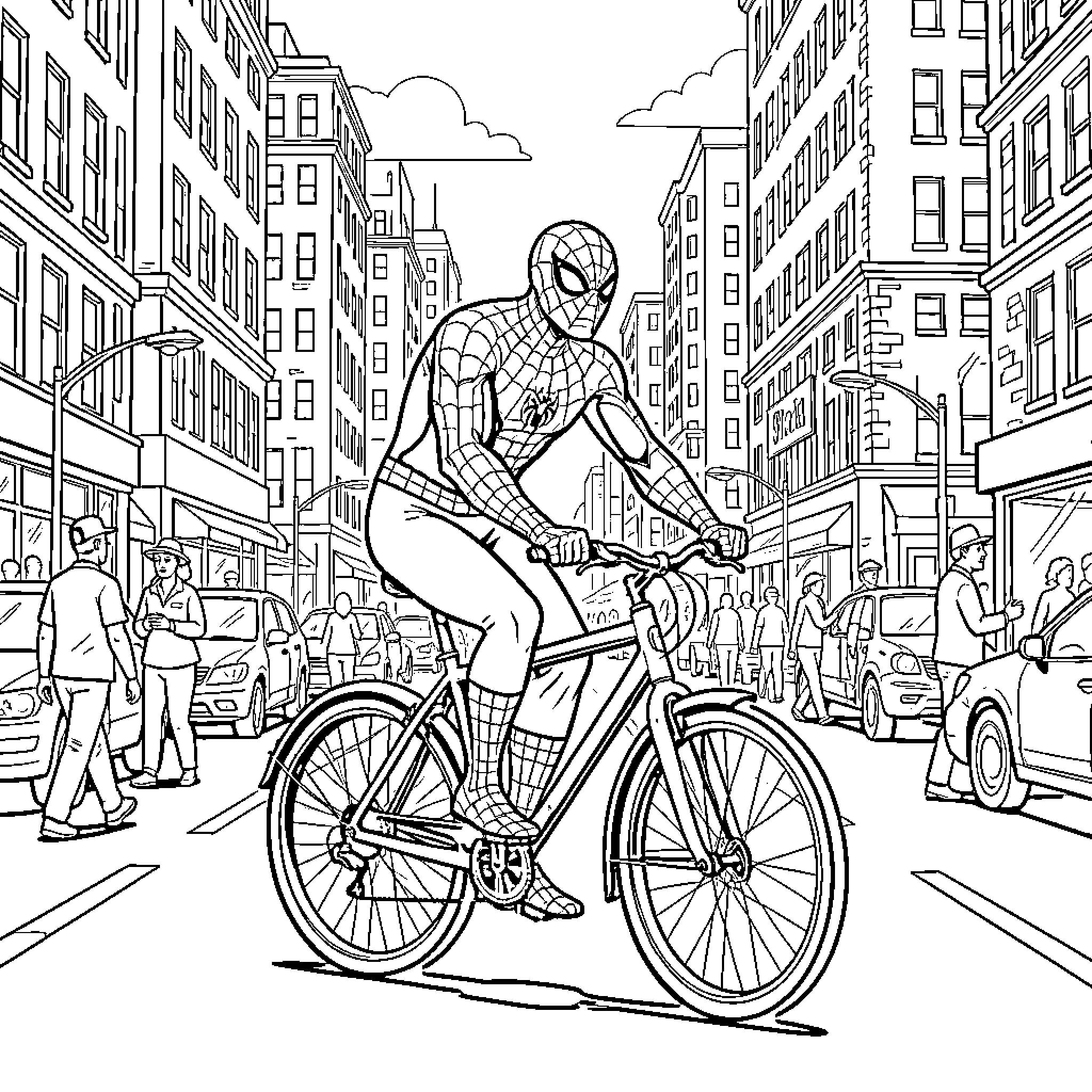 Spiderman riding a bicycle through a busy city street Coloring Page (free black-and-white line drawing printable PDF for all, from beginners to advanced learners, including children, teens, adults, and seniors)