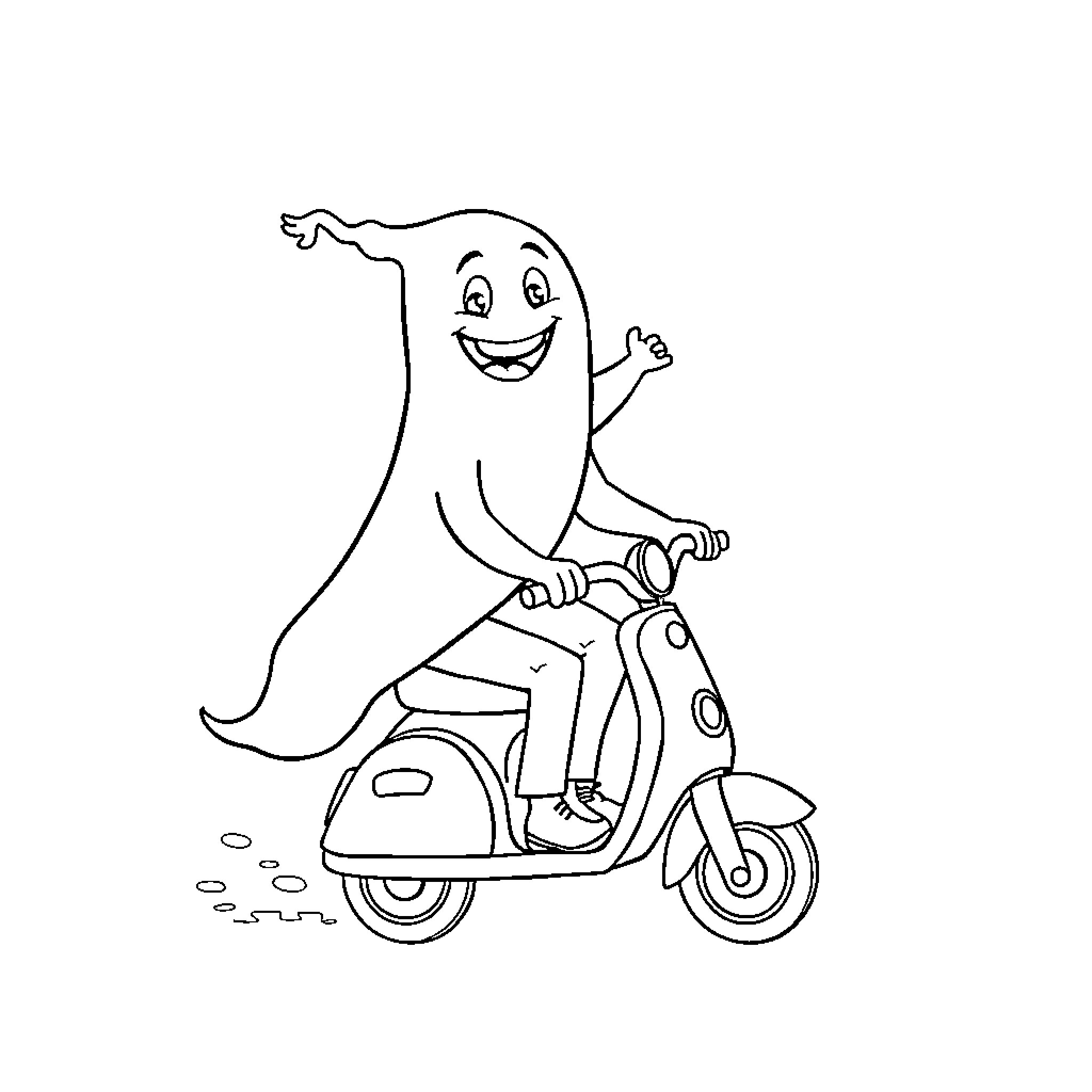 Ghost riding a scooter with joy Coloring Page (free black-and-white line drawing printable PDF for all, from beginners to advanced learners, including children, teens, adults, and seniors)