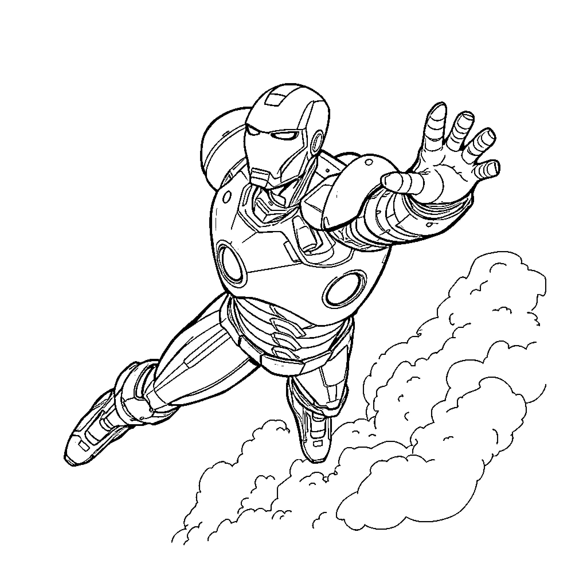 Ironman flying heroically through the sky Coloring Page (free black-and-white line drawing printable PDF for all, from beginners to advanced learners, including children, teens, adults, and seniors)