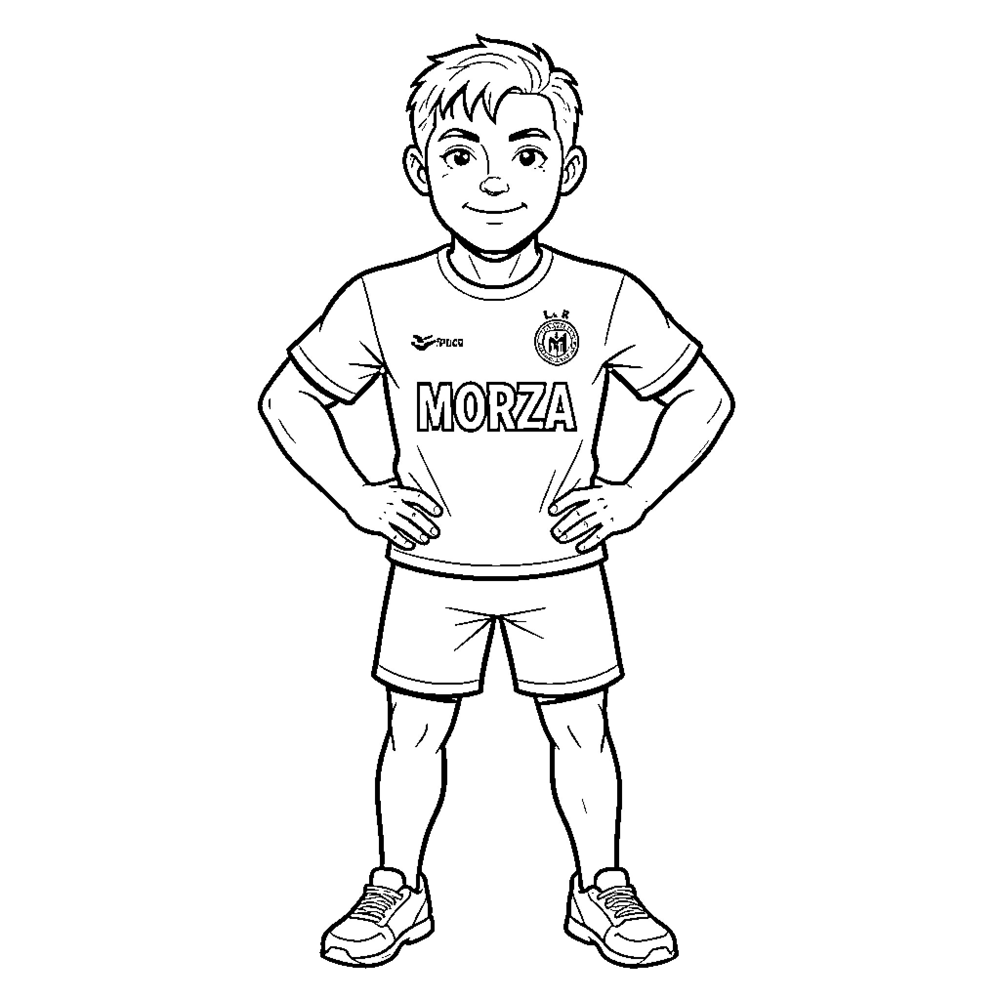 Morza Sporting Youth Player in Uniform Coloring Page (free black-and-white line drawing printable PDF for all, from beginners to advanced learners, including children, teens, adults, and seniors)