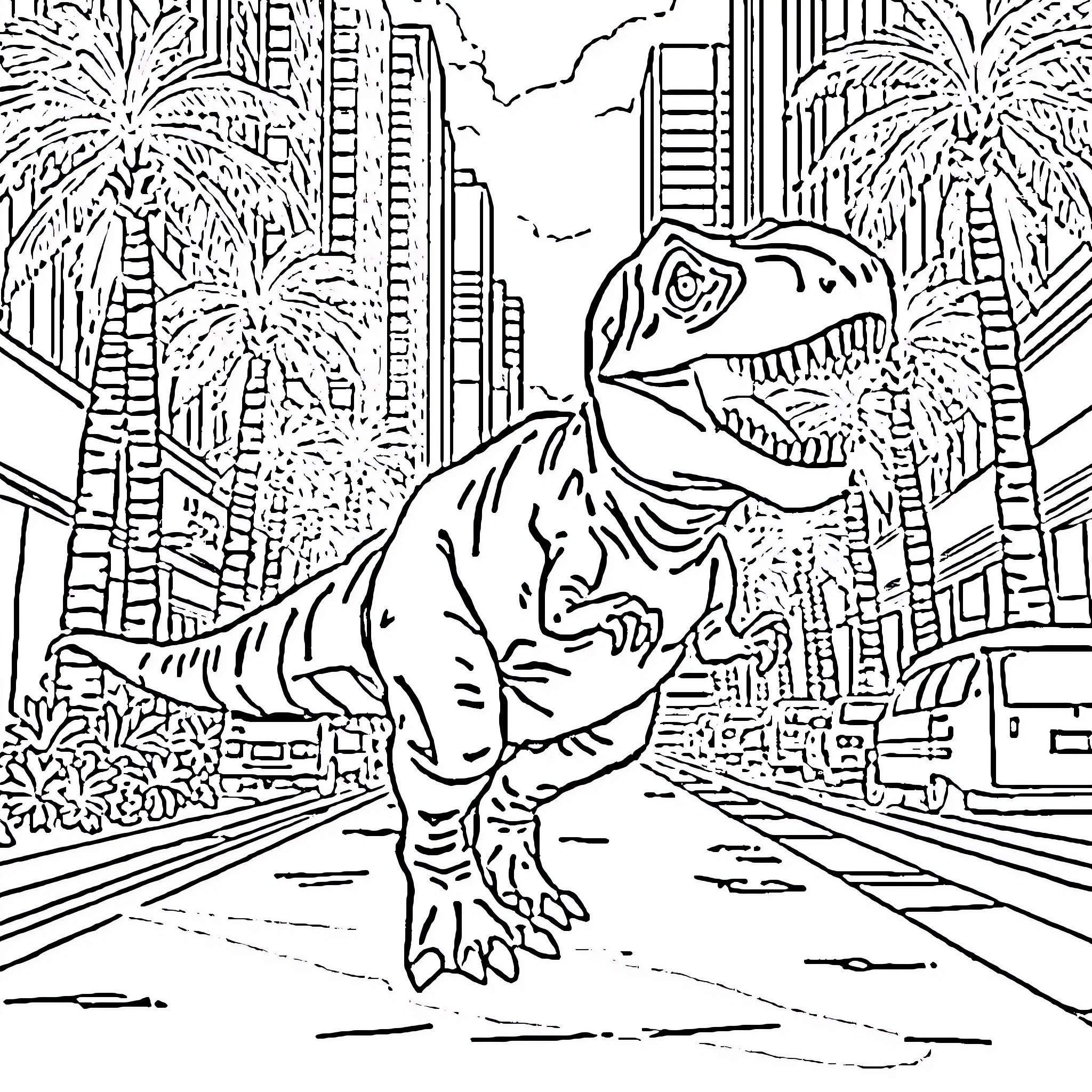 T-Rex Stomping Through the City Streets Coloring Page (free black-and-white line drawing printable PDF for all, from beginners to advanced learners, including children, teens, adults, and seniors)
