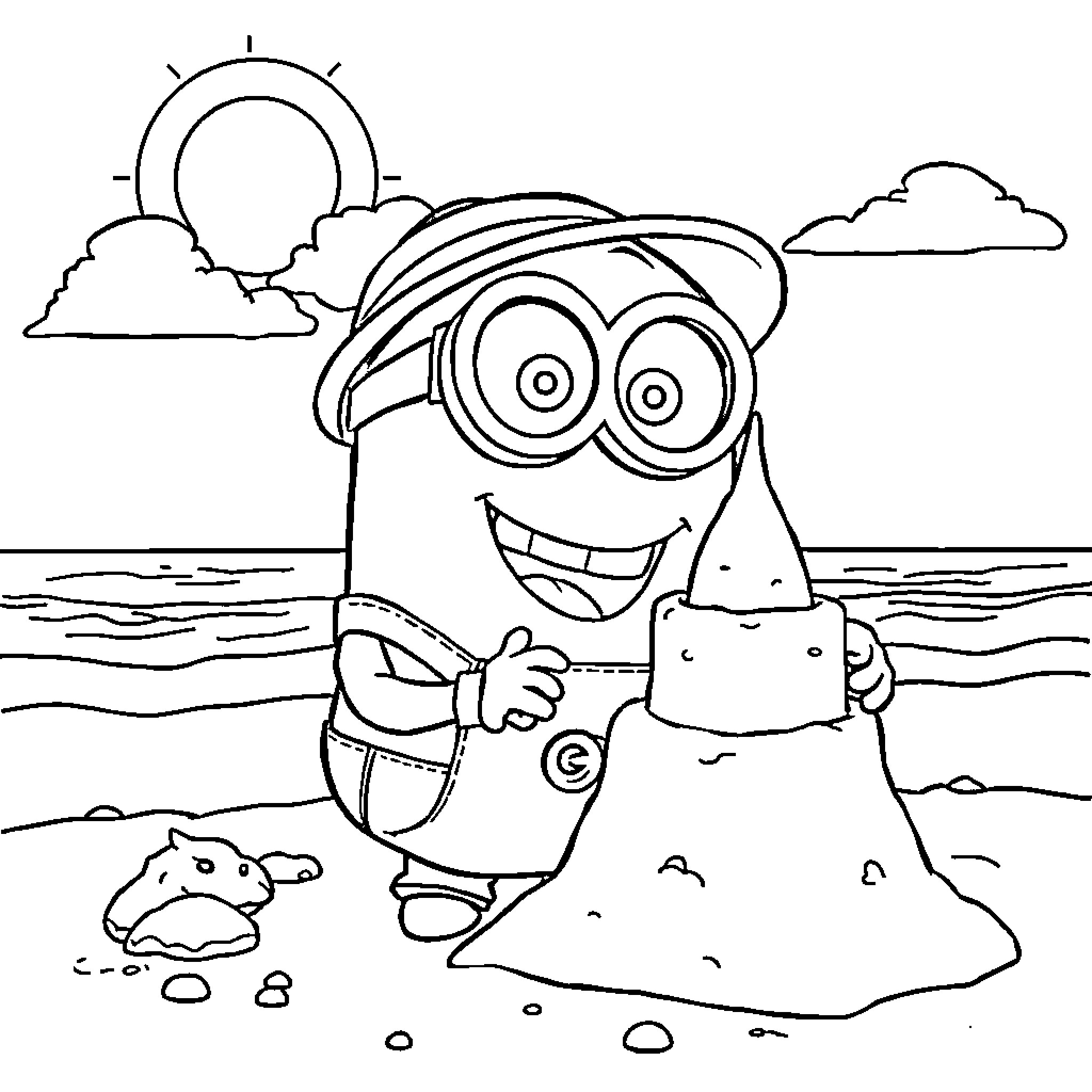 Minion building sandcastle at the beach Coloring Page (free black-and-white line drawing printable PDF for all, from beginners to advanced learners, including children, teens, adults, and seniors)