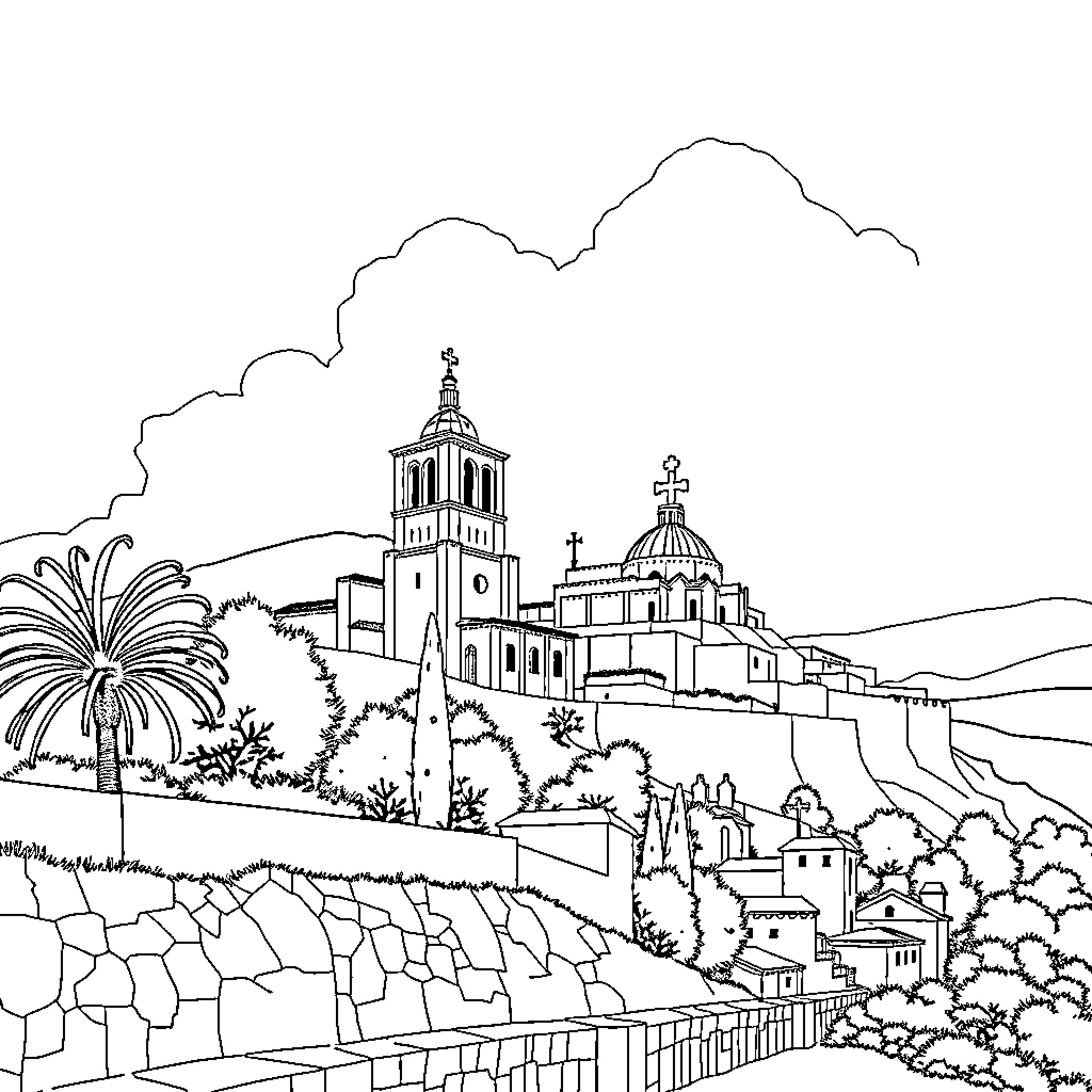 Landscape of historic buildings and mountainous scenery Coloring Page (free black-and-white line drawing printable PDF for all, from beginners to advanced learners, including children, teens, adults, and seniors)