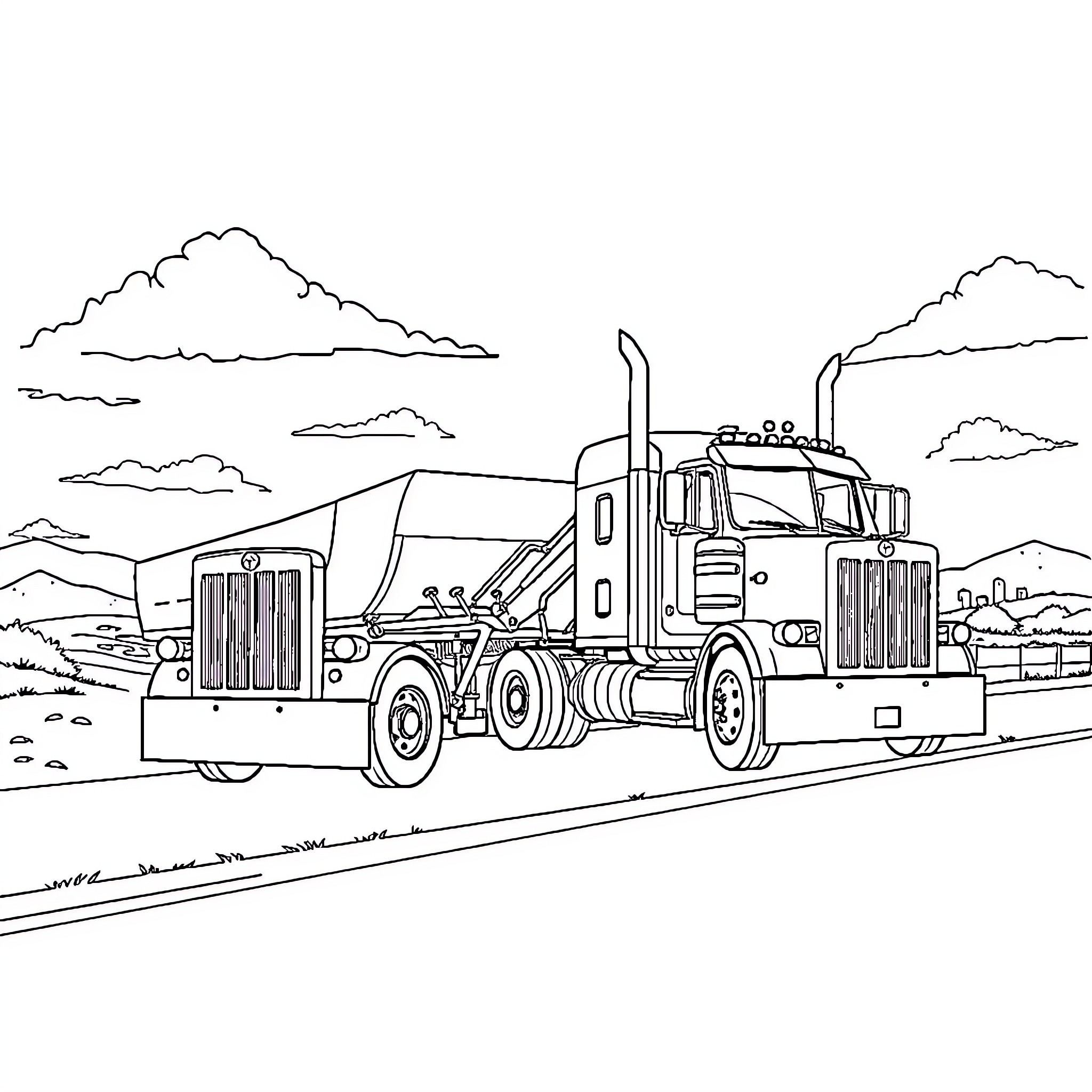 Peterbilt Truck Traveling on the Open Road Coloring Page (free black-and-white line drawing printable PDF for all, from beginners to advanced learners, including children, teens, adults, and seniors)