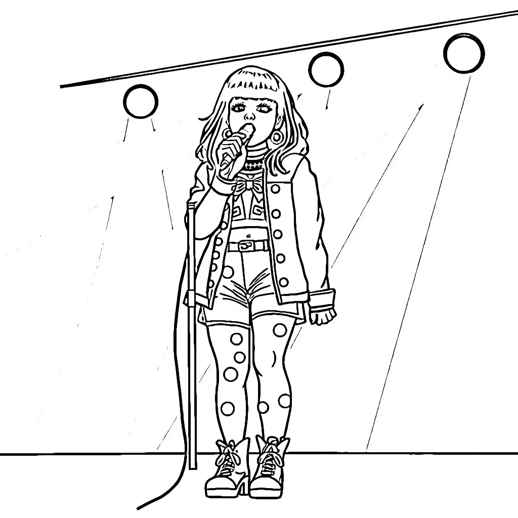 Melanie Martinez performing on stage with unique outfit Coloring Page (free black-and-white line drawing printable PDF for all, from beginners to advanced learners, including children, teens, adults, and seniors)