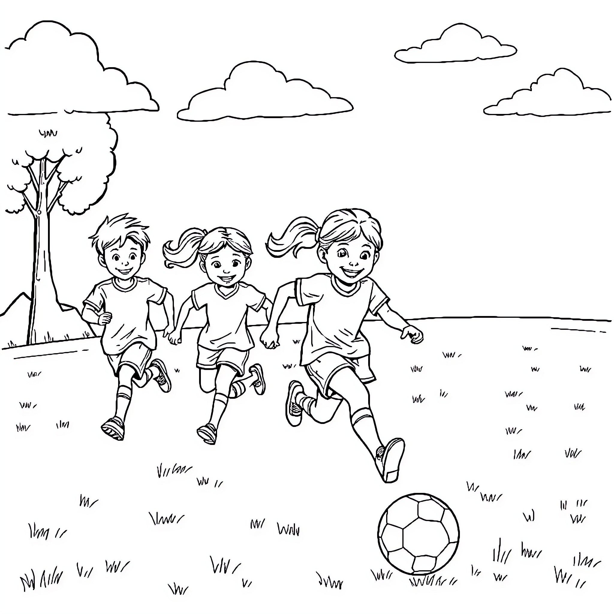 Kids playing happily with soccer ball outdoors Coloring Page (free black-and-white line drawing printable PDF for all, from beginners to advanced learners, including children, teens, adults, and seniors)