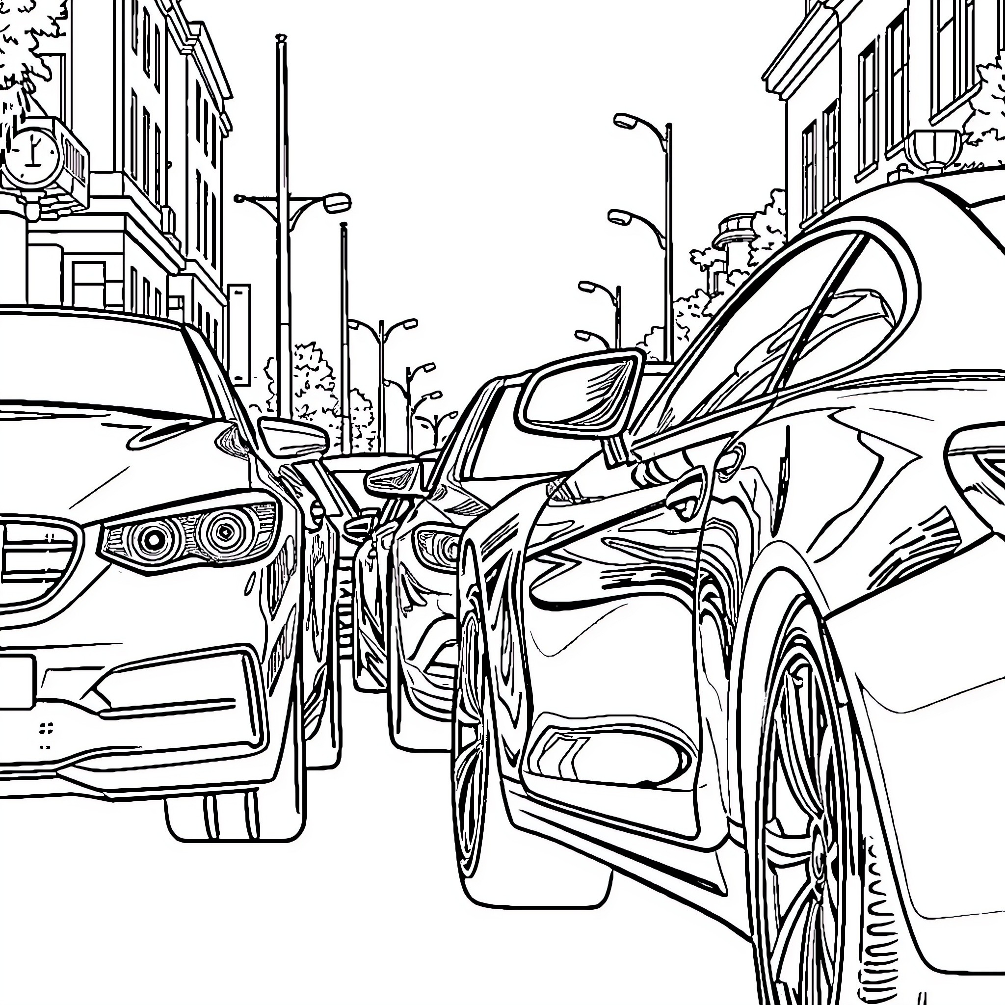 Car Collision in Busy City Street Coloring Page (free black-and-white line drawing printable PDF for all, from beginners to advanced learners, including children, teens, adults, and seniors)