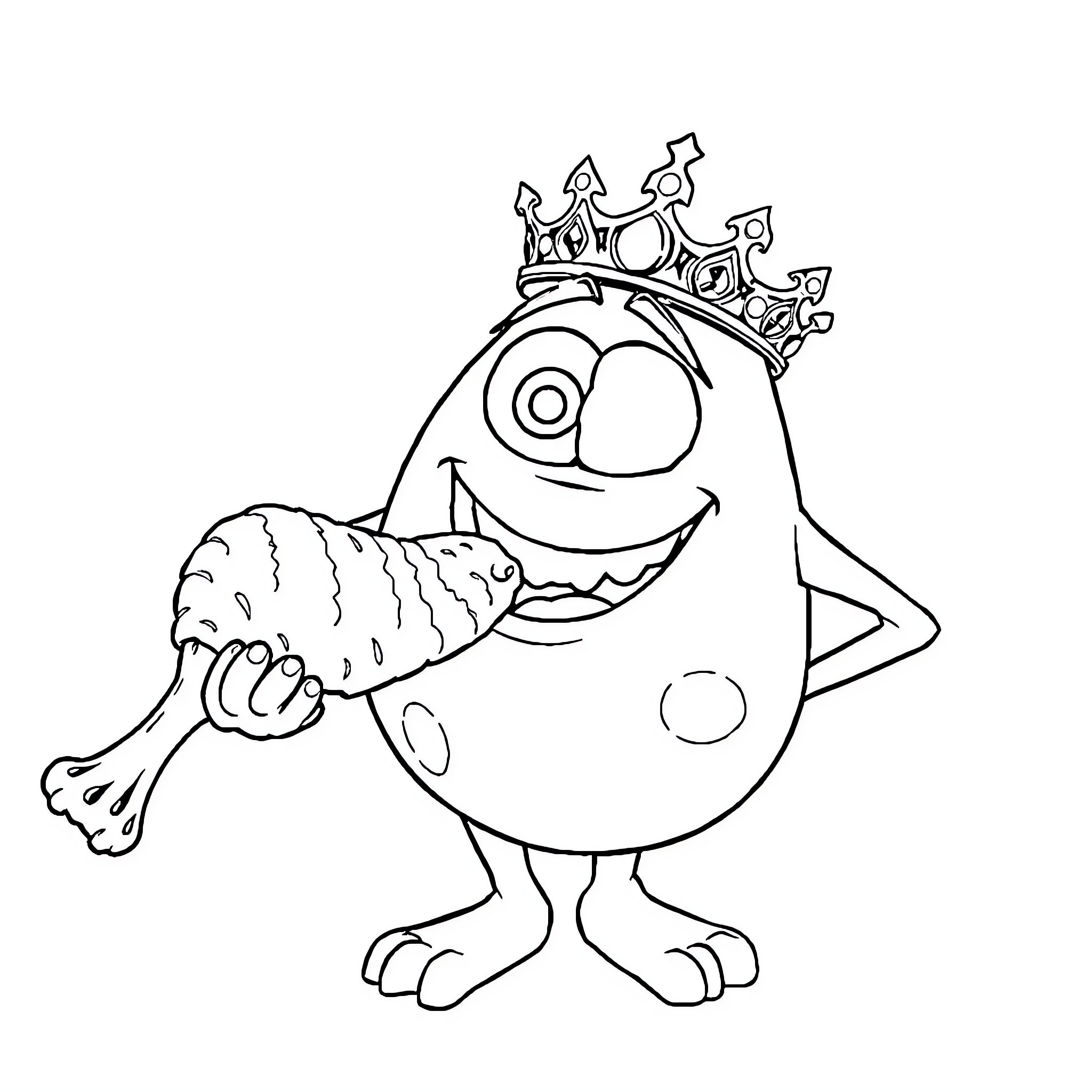 Mike Wazowski wearing a crown and holding a fish Coloring Page (free black-and-white line drawing printable PDF for all, from beginners to advanced learners, including children, teens, adults, and seniors)