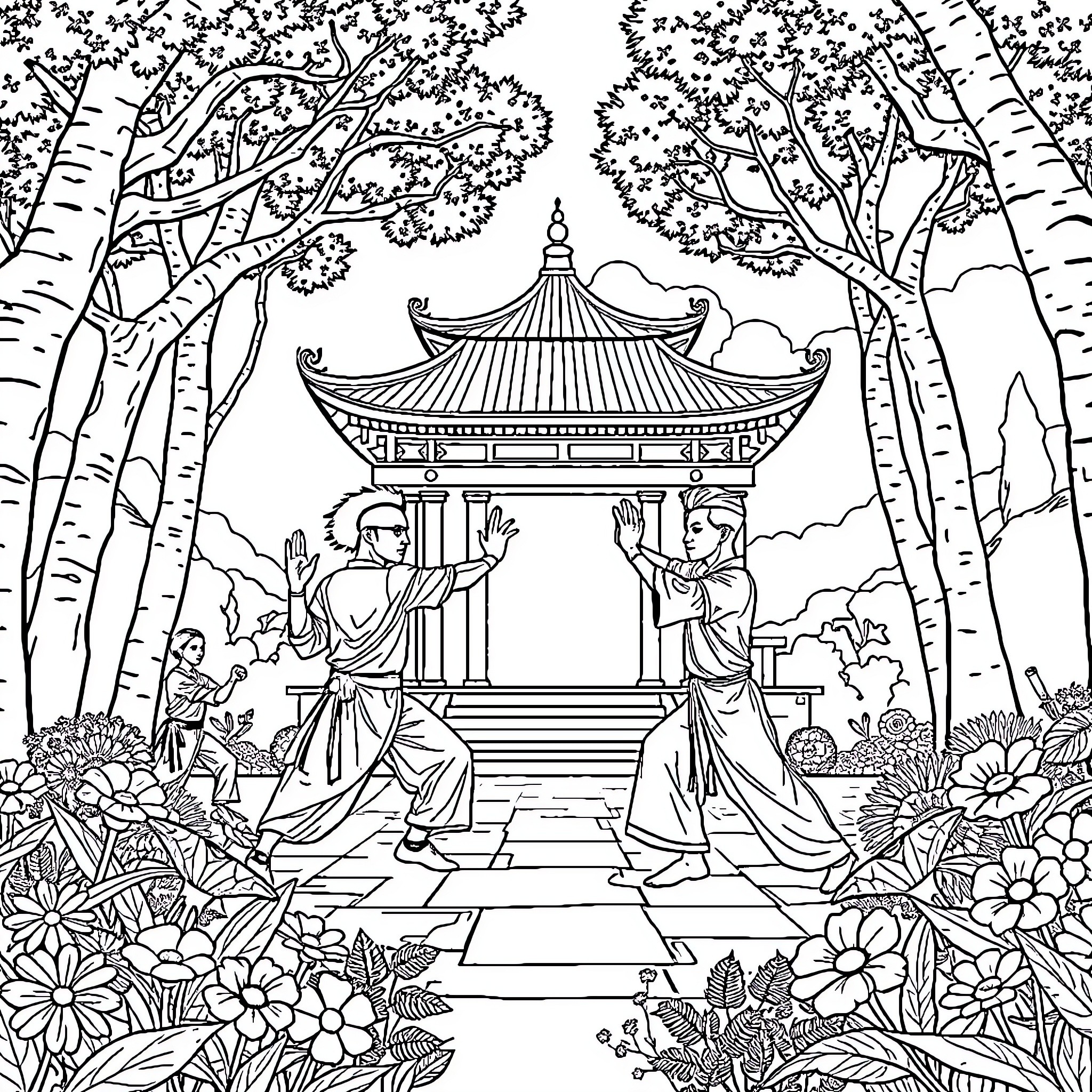 Kung Fu Fighters in Serene Garden Landscape Coloring Page (free black-and-white line drawing printable PDF for all, from beginners to advanced learners, including children, teens, adults, and seniors)