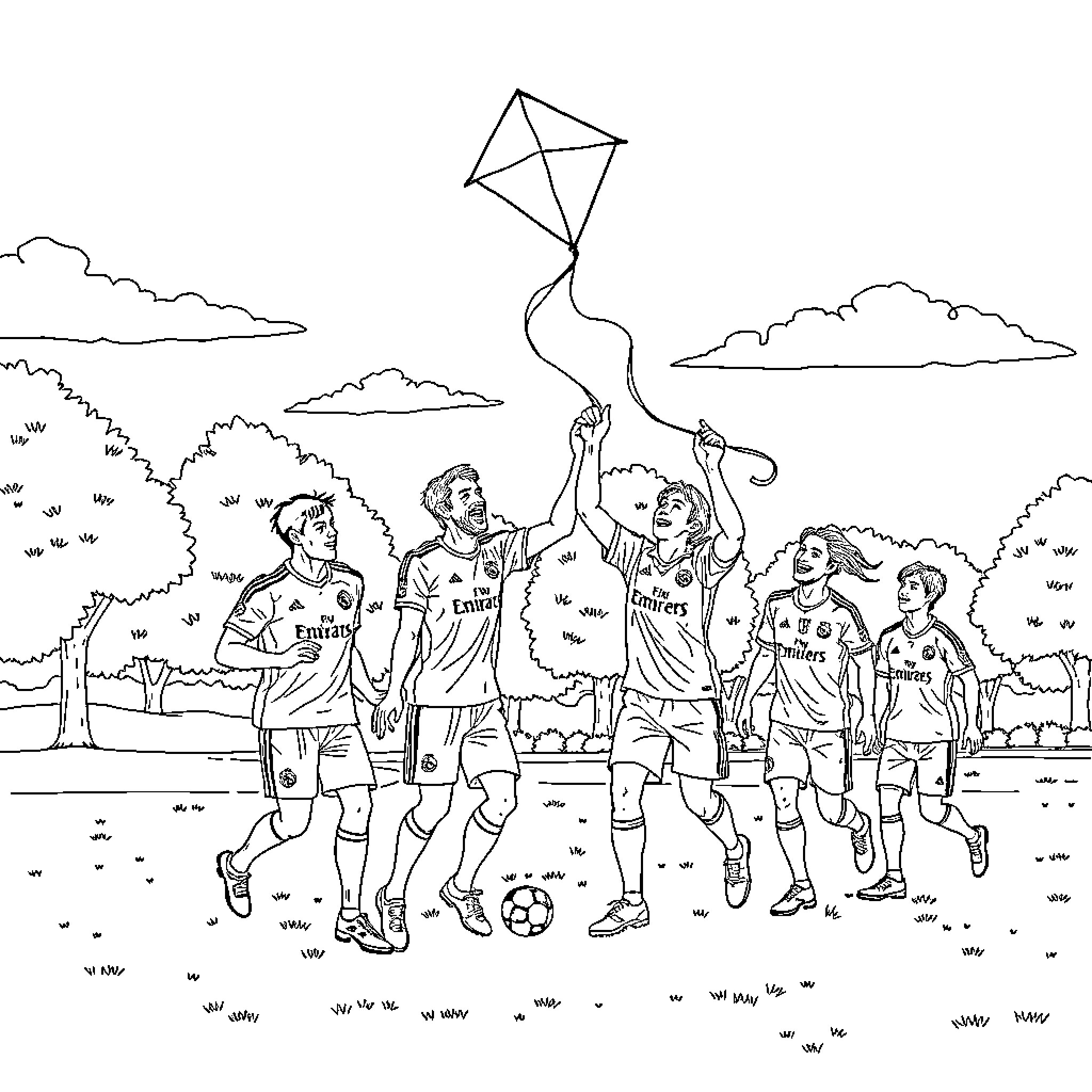 Real Madrid Players Flying Kite Together on Field Coloring Page (free black-and-white line drawing printable PDF for all, from beginners to advanced learners, including children, teens, adults, and seniors)