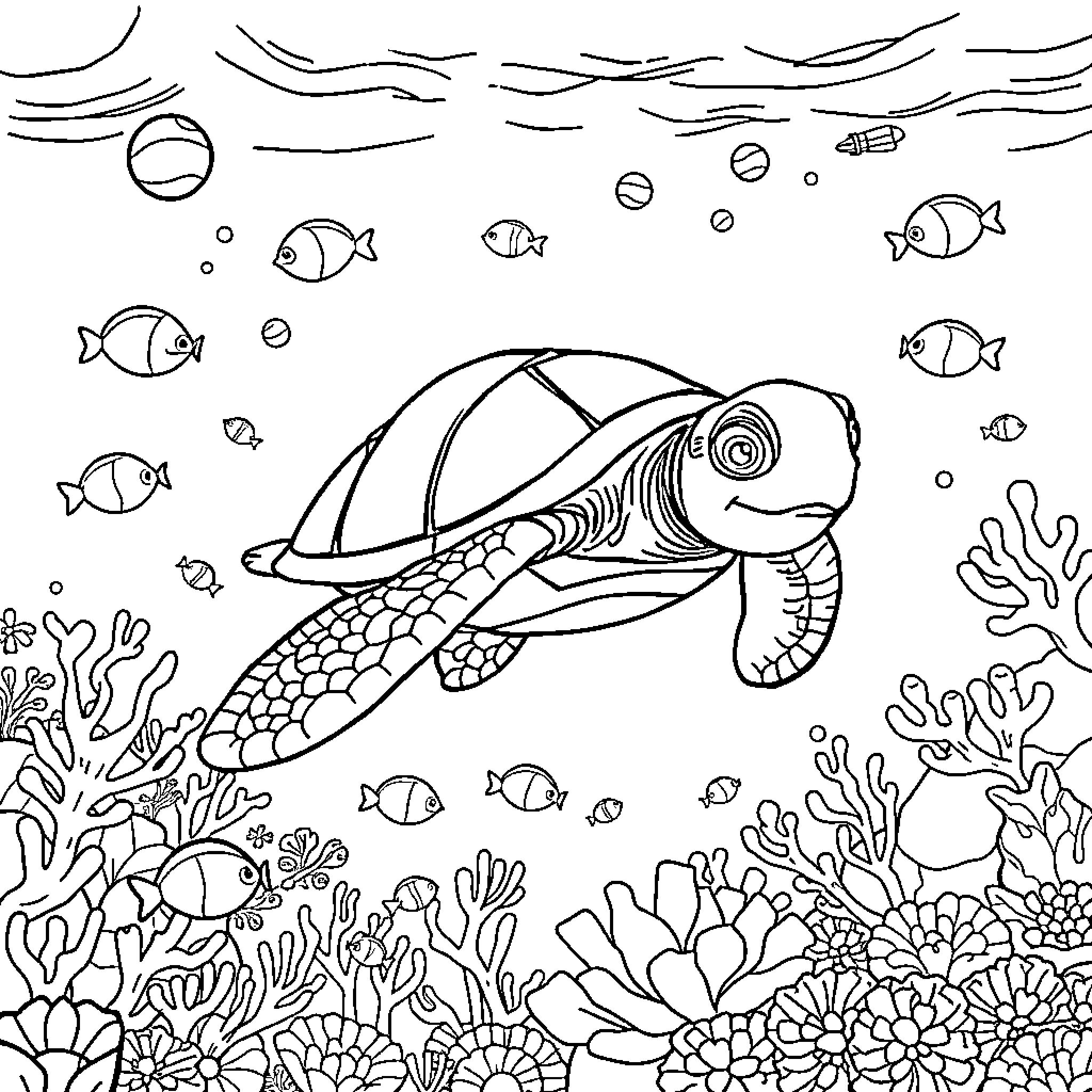 Turtle exploring the underwater coral reef Coloring Page (free black-and-white line drawing printable PDF for all, from beginners to advanced learners, including children, teens, adults, and seniors)