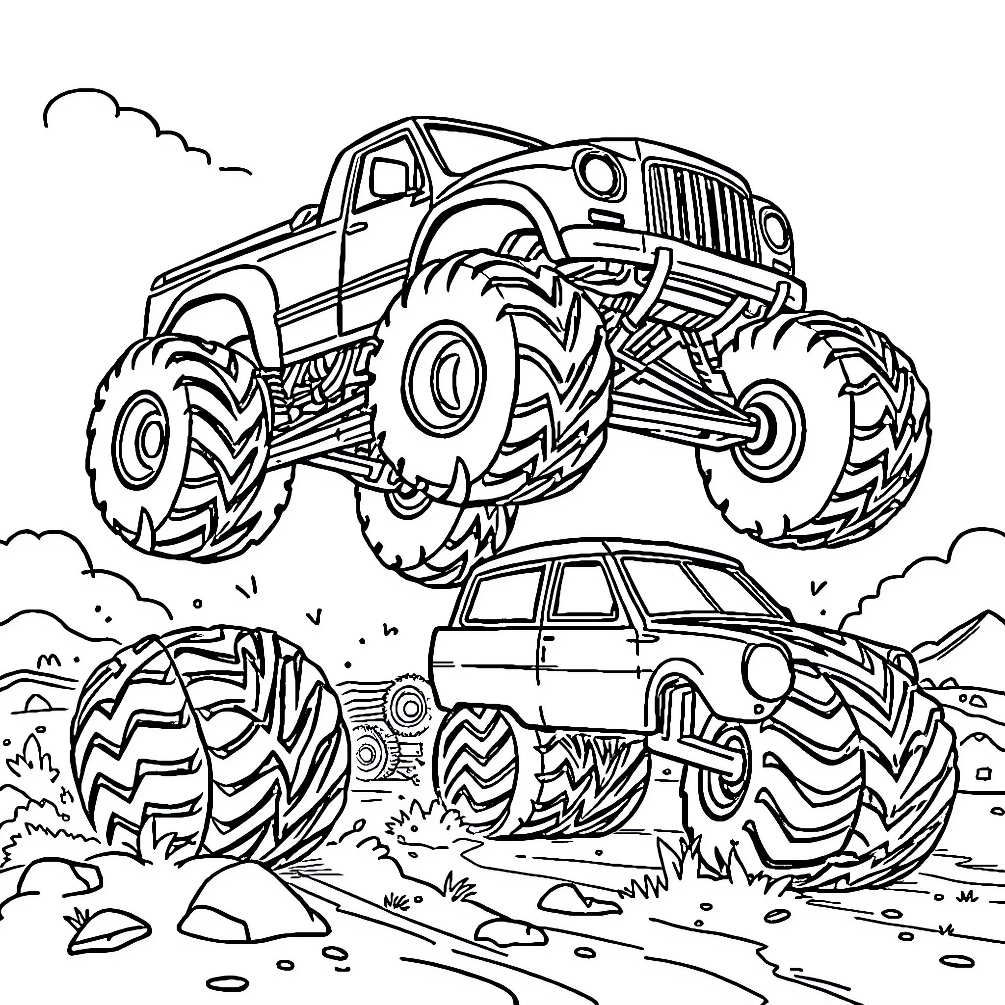 Monster Truck Performing Impressive Stunts in the Outdoors Coloring Page (free black-and-white line drawing printable PDF for all, from beginners to advanced learners, including children, teens, adults, and seniors)