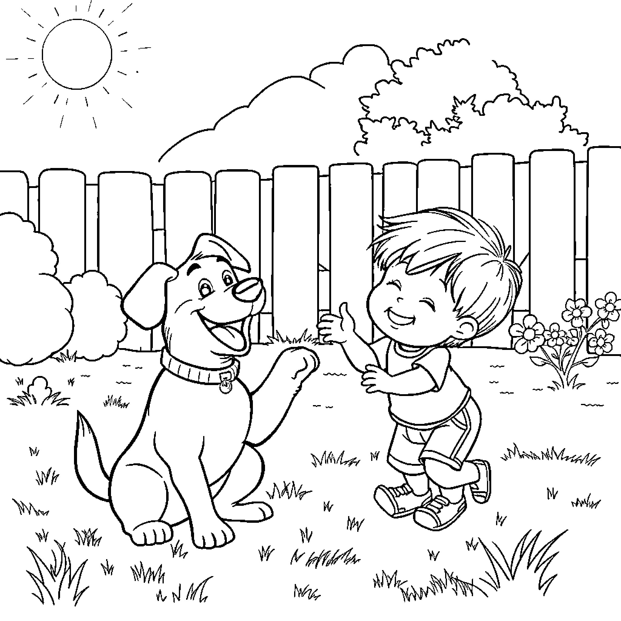 Dog and Boy Playing Happily in the Backyard Coloring Page (free black-and-white line drawing printable PDF for all, from beginners to advanced learners, including children, teens, adults, and seniors)