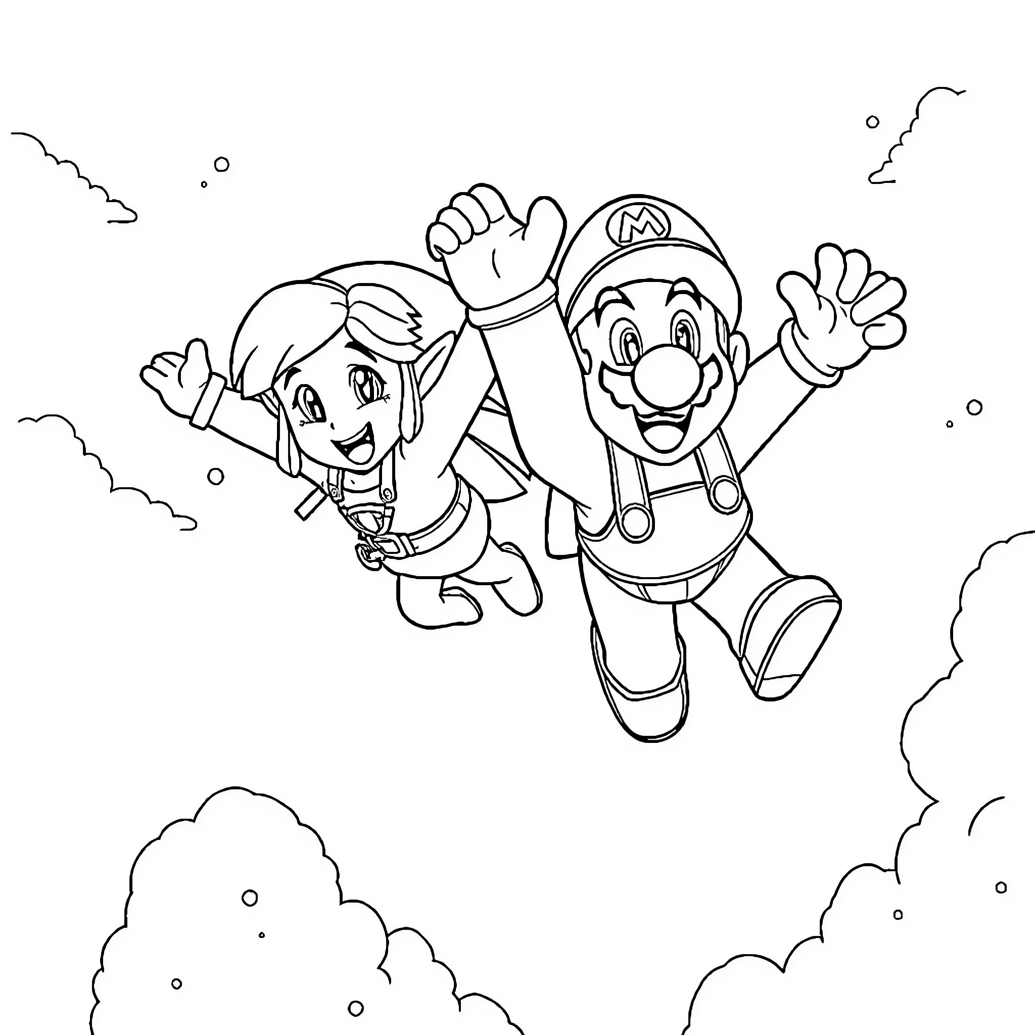 Zelda and Mario soaring through the sky Coloring Page (free black-and-white line drawing printable PDF for all, from beginners to advanced learners, including children, teens, adults, and seniors)