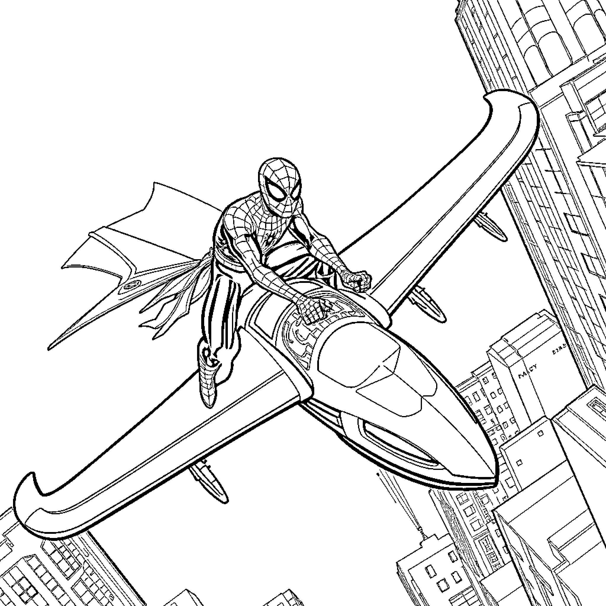 Spiderman gliding through the city skyline Coloring Page (free black-and-white line drawing printable PDF for all, from beginners to advanced learners, including children, teens, adults, and seniors)