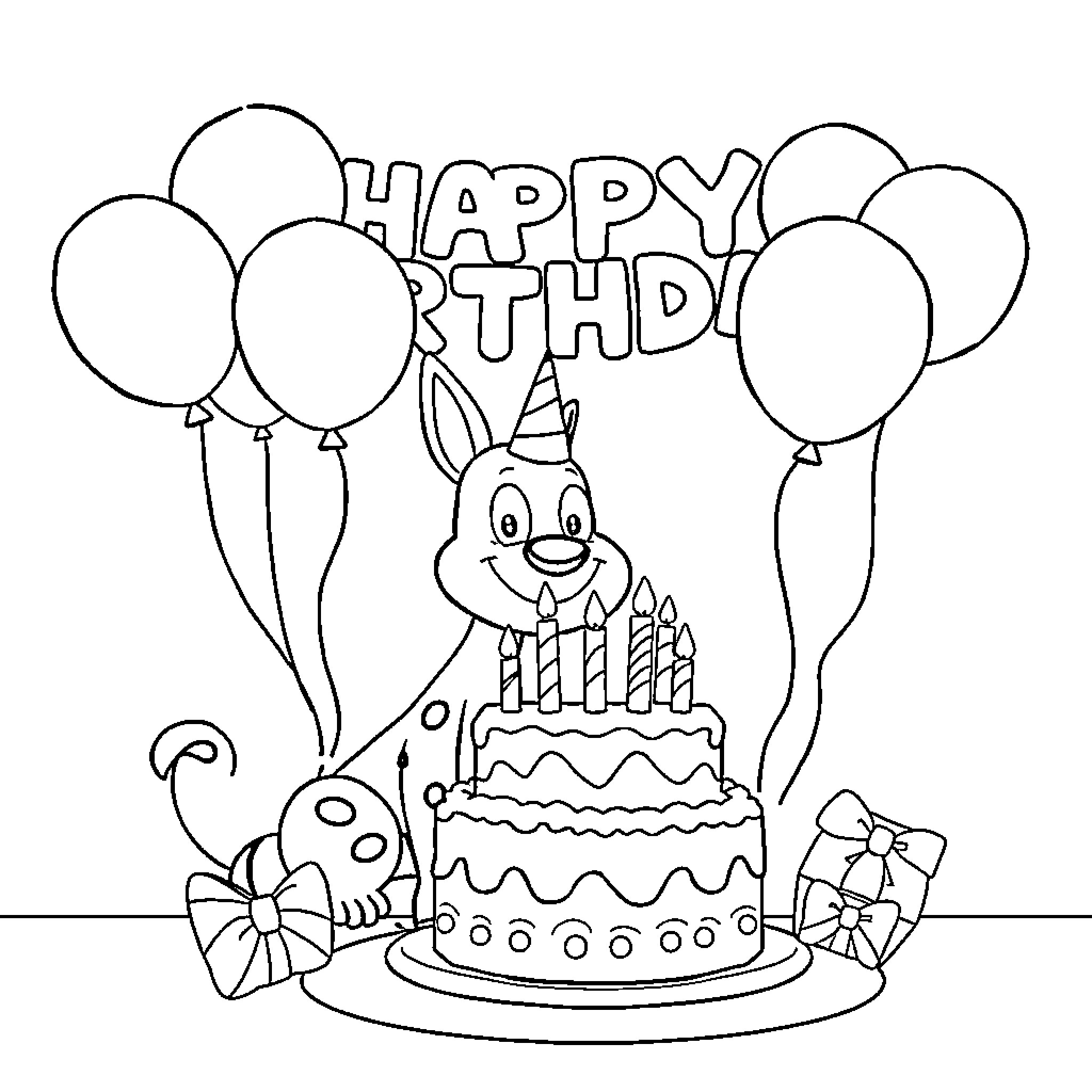 Huntrix's Happy Birthday Celebration Coloring Page (free black-and-white line drawing printable PDF for all, from beginners to advanced learners, including children, teens, adults, and seniors)