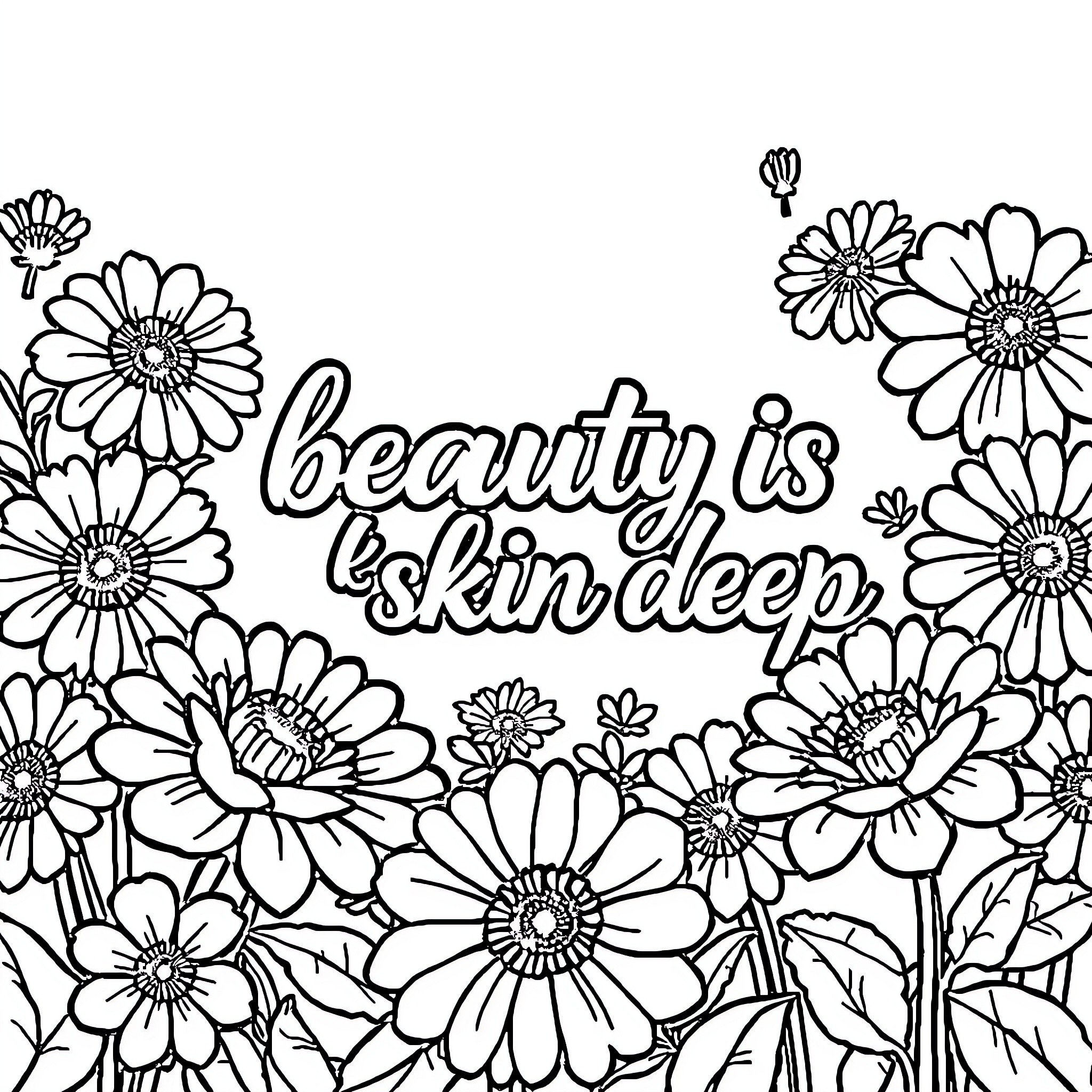 Flower Field with Inspirational Quote Coloring Page (free black-and-white line drawing printable PDF for all, from beginners to advanced learners, including children, teens, adults, and seniors)