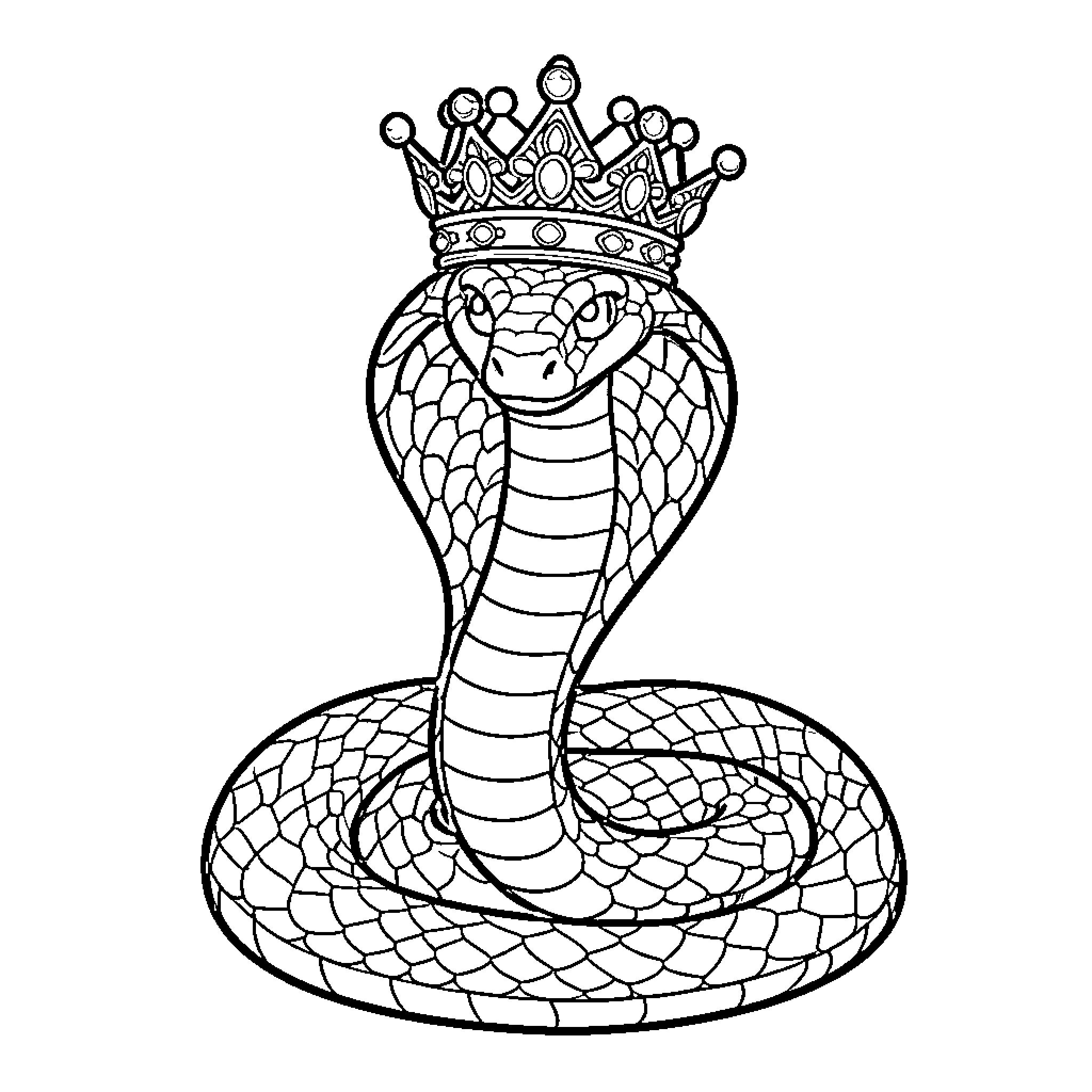 Cobra King Adorned in Regal Crown Coloring Page (free black-and-white line drawing printable PDF for all, from beginners to advanced learners, including children, teens, adults, and seniors)