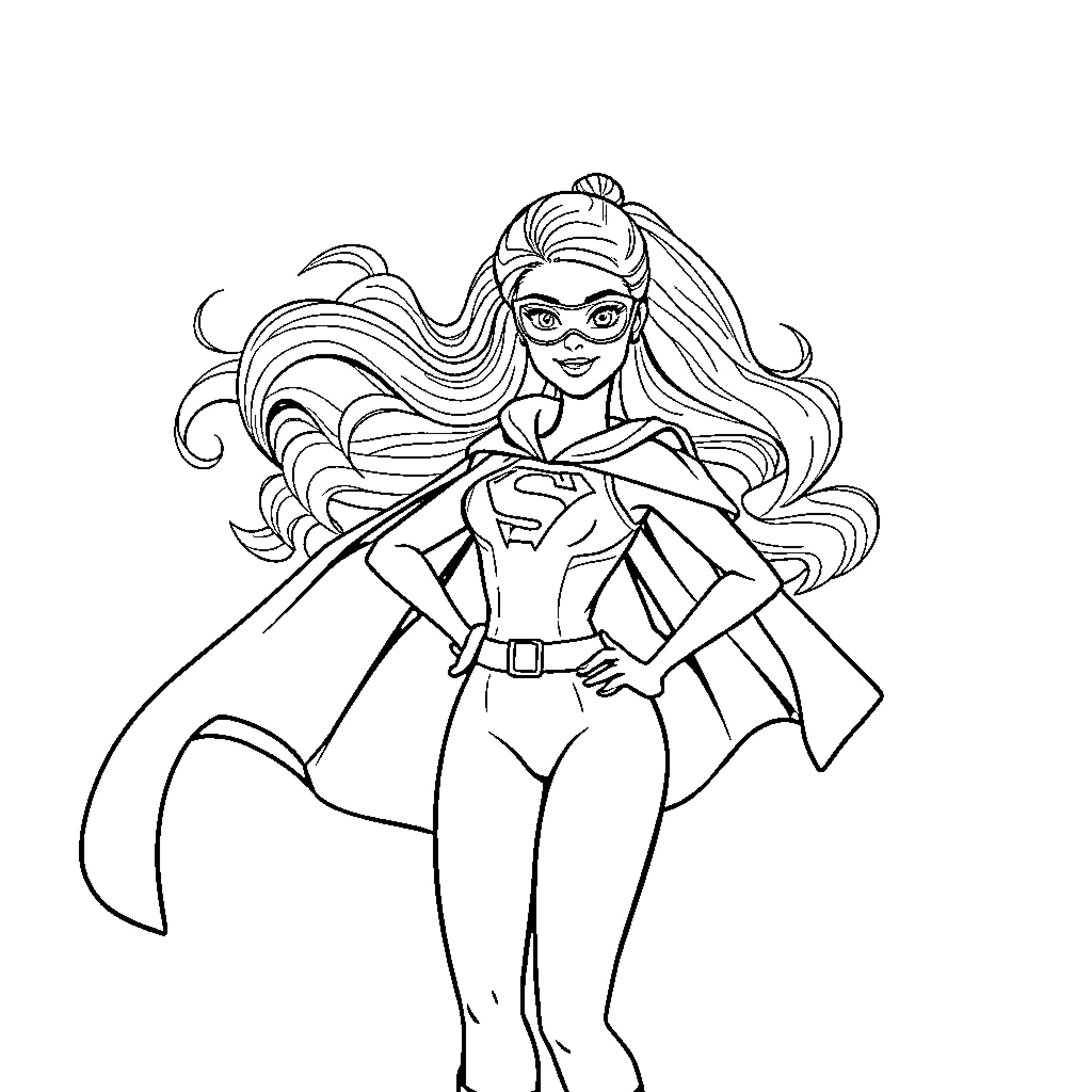 Barbie as a superhero with flowing hair Coloring Page (free black-and-white line drawing printable PDF for all, from beginners to advanced learners, including children, teens, adults, and seniors)
