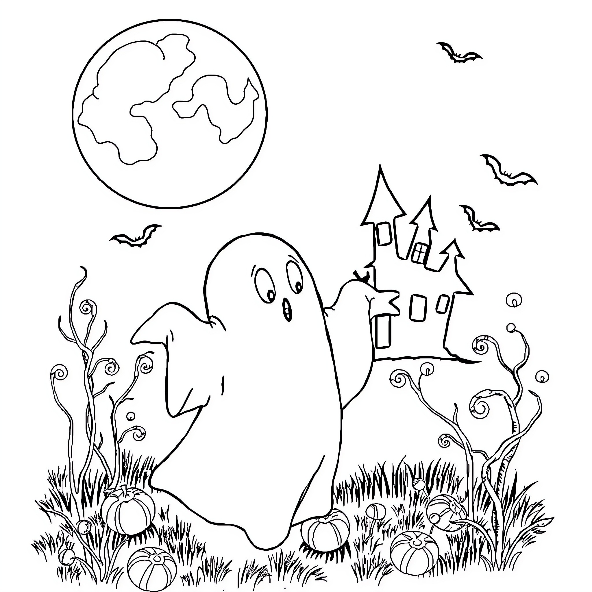 Ghost's Haunting Playground: Phantoms, Bats, and a Haunted Castle Coloring Page (free black-and-white line drawing printable PDF for all, from beginners to advanced learners, including children, teens, adults, and seniors)