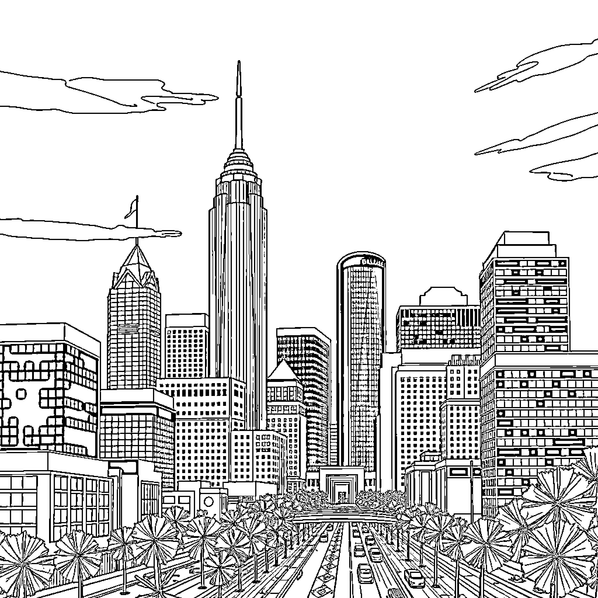 Dallas Skyline with Architectural Landmarks Coloring Page (free black-and-white line drawing printable PDF for all, from beginners to advanced learners, including children, teens, adults, and seniors)