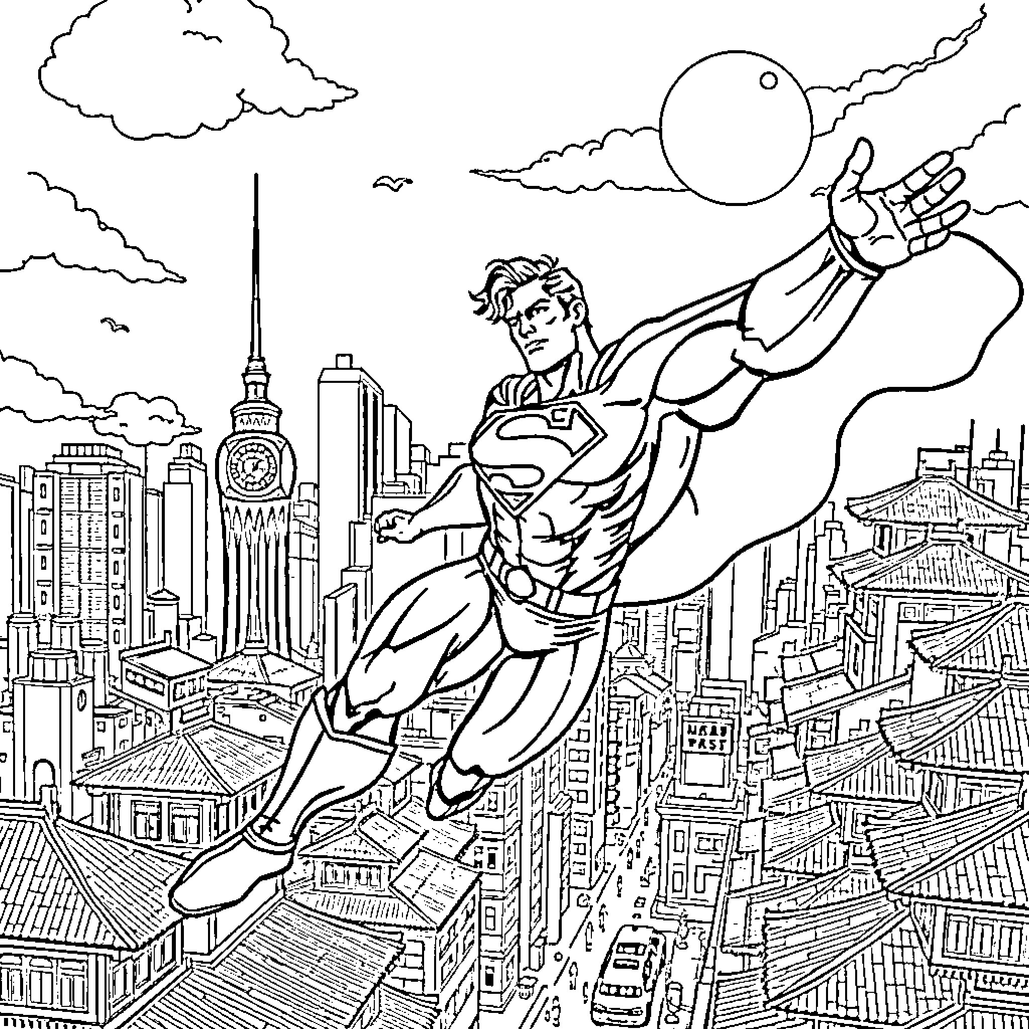 Superman soaring over the city skyline Coloring Page (free black-and-white line drawing printable PDF for all, from beginners to advanced learners, including children, teens, adults, and seniors)
