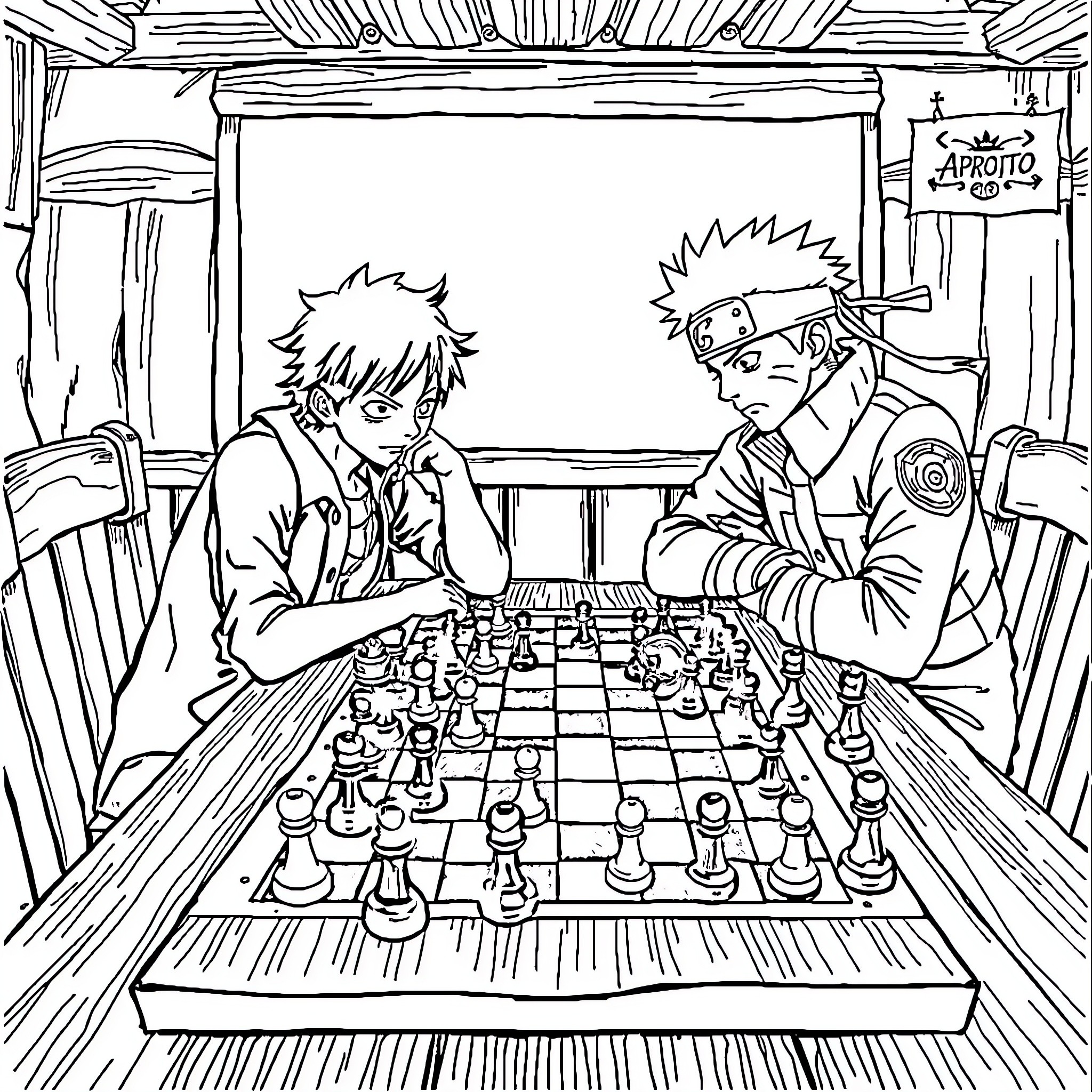Luffy and Naruto play chess in a cozy cabin Coloring Page (free black-and-white line drawing printable PDF for all, from beginners to advanced learners, including children, teens, adults, and seniors)