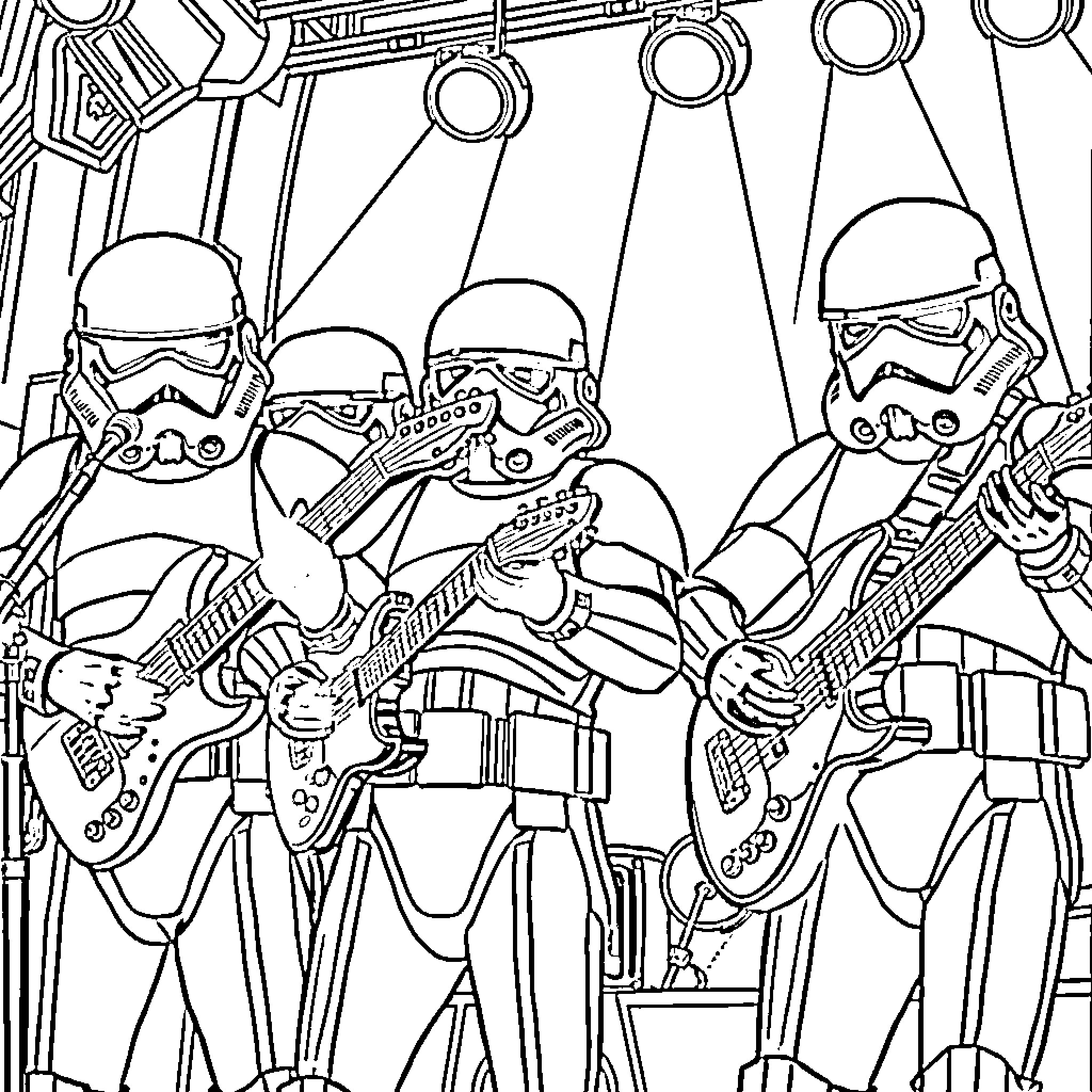 Stormtroopers playing rock music on stage Coloring Page (free black-and-white line drawing printable PDF for all, from beginners to advanced learners, including children, teens, adults, and seniors)