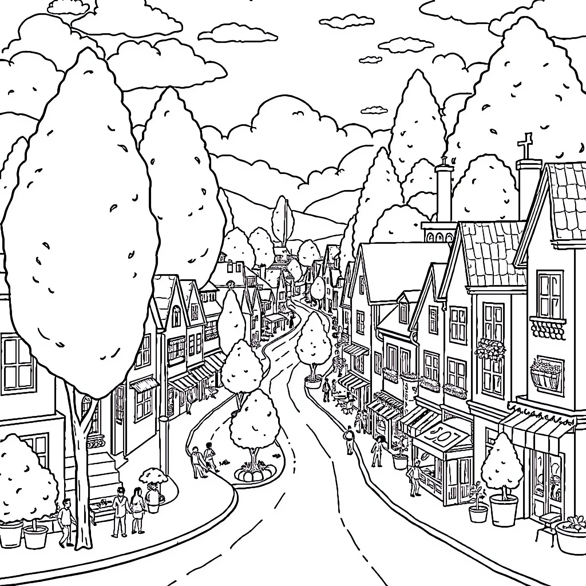 Town of Quaint Charm and Bustling Activity Coloring Page (free black-and-white line drawing printable PDF for all, from beginners to advanced learners, including children, teens, adults, and seniors)