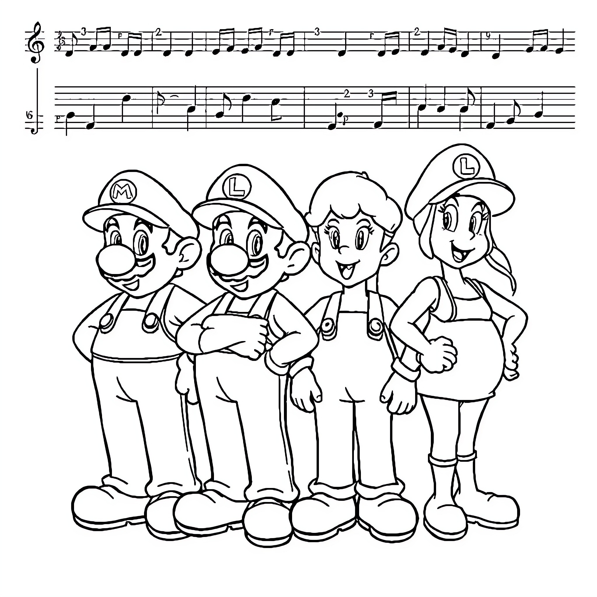 Super Mario and Friends in Playful Poses Coloring Page (free black-and-white line drawing printable PDF for all, from beginners to advanced learners, including children, teens, adults, and seniors)