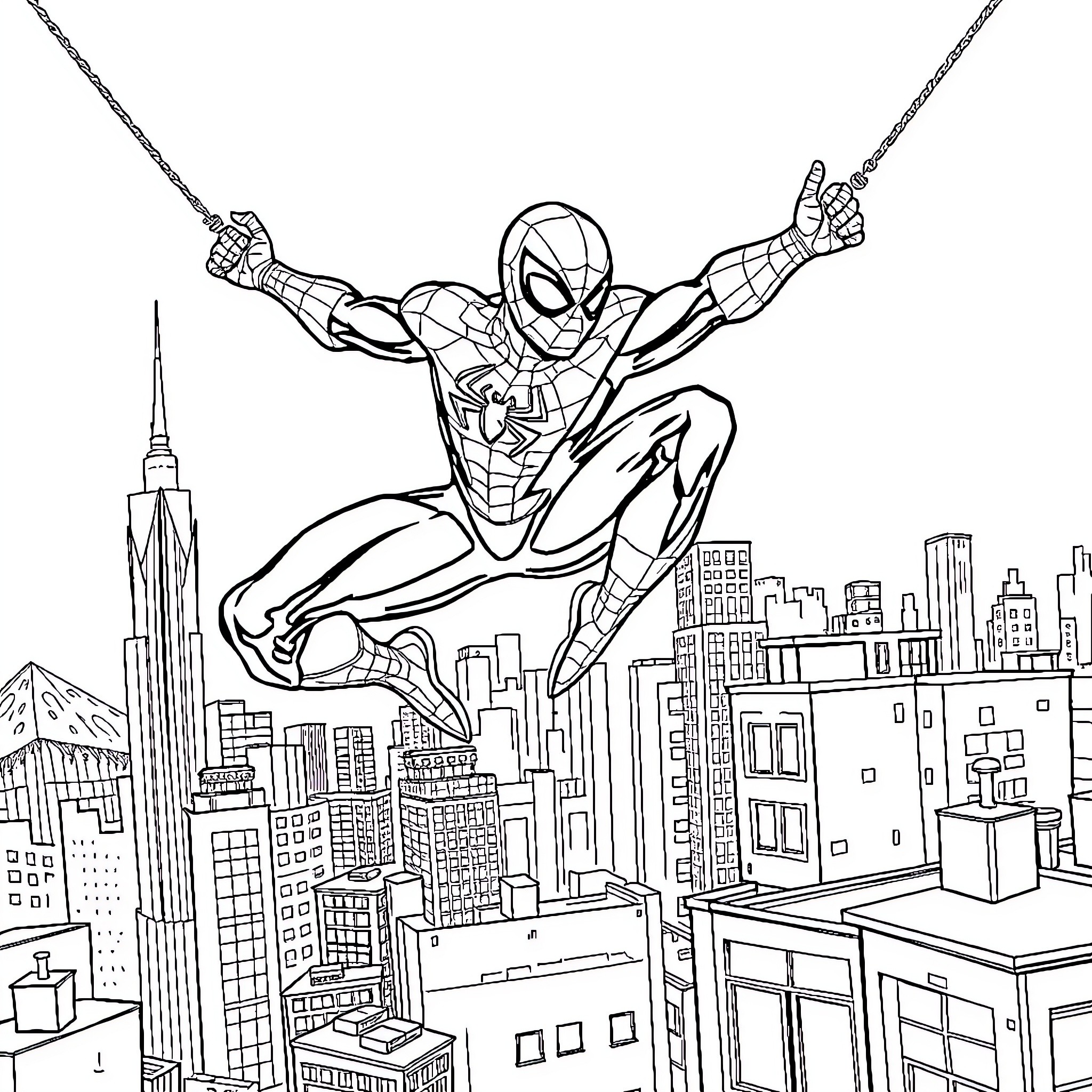 Spider-Man swinging through the city skyline Coloring Page (free black-and-white line drawing printable PDF for all, from beginners to advanced learners, including children, teens, adults, and seniors)