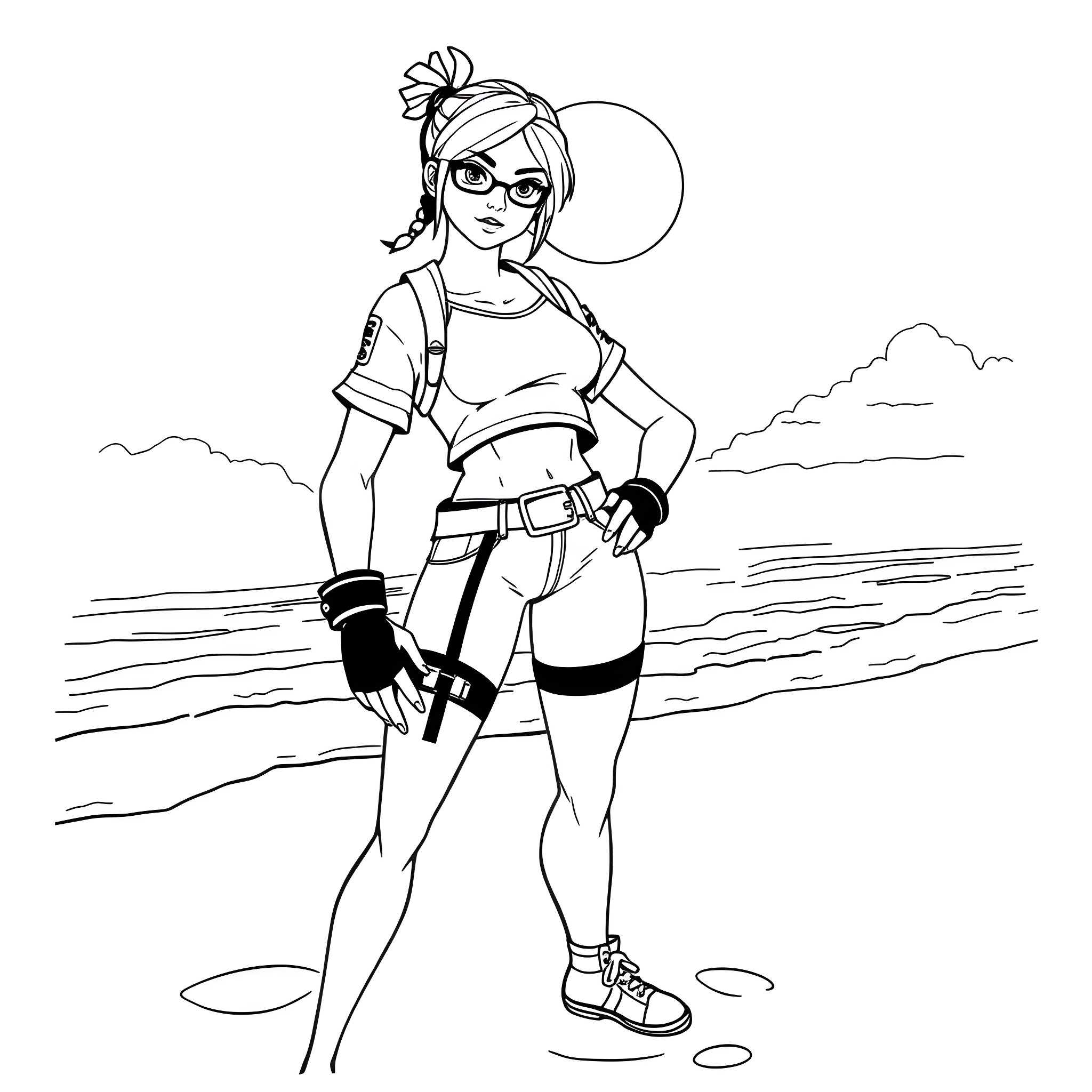 Fortnite Skin of Female Character with Stylish Outfit and Pose Coloring Page (free black-and-white line drawing printable PDF for all, from beginners to advanced learners, including children, teens, adults, and seniors)