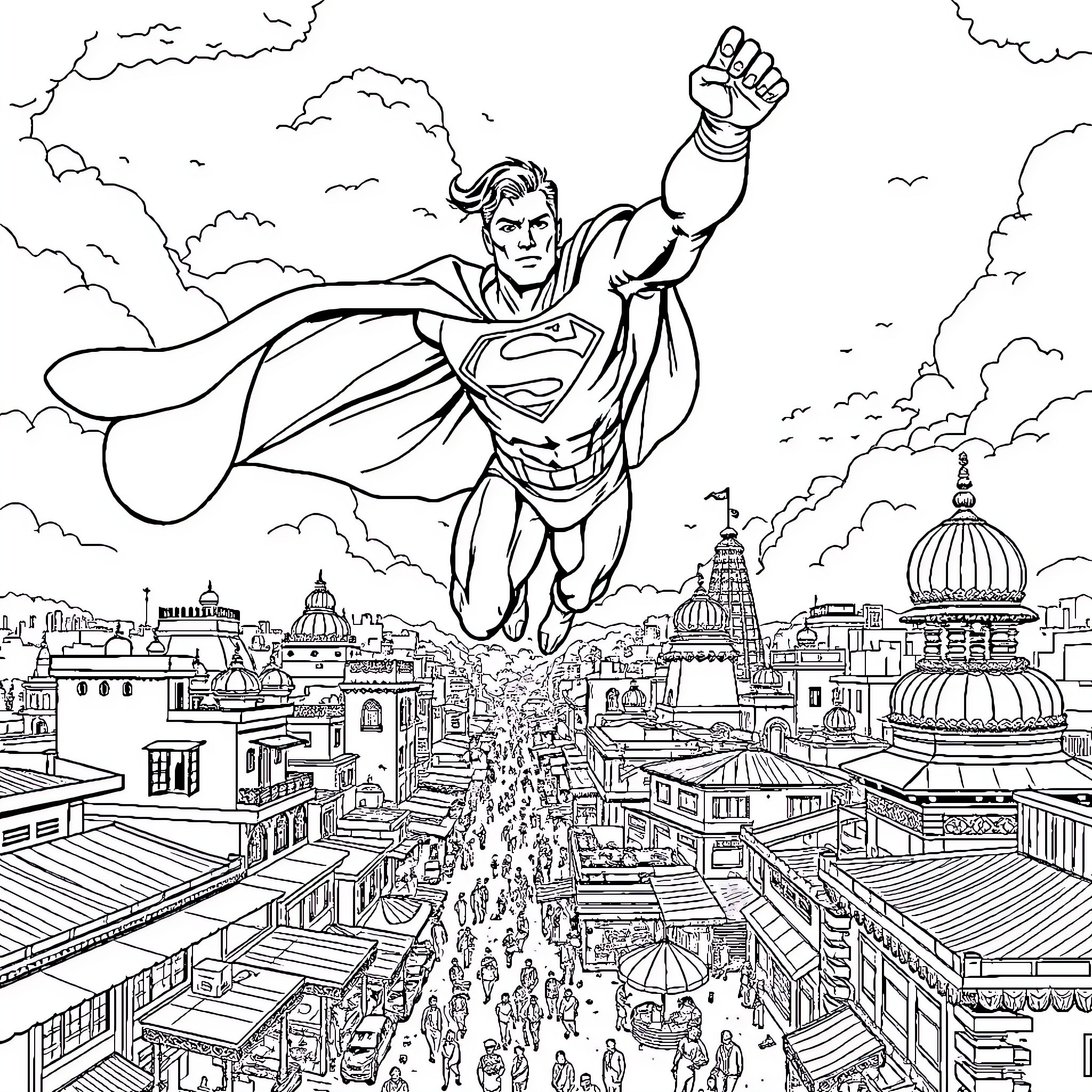 Superman soaring over a bustling city Coloring Page (free black-and-white line drawing printable PDF for all, from beginners to advanced learners, including children, teens, adults, and seniors)