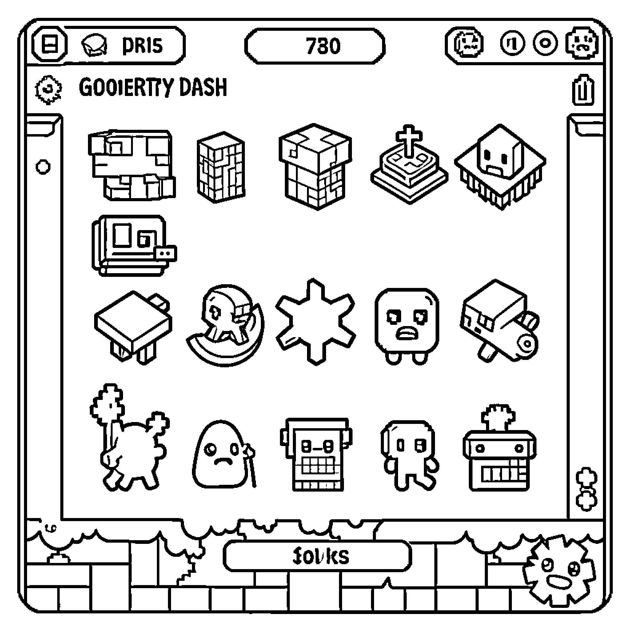 Geometry Dash Icon collection featuring various character sprites Coloring Page (free black-and-white line drawing printable PDF for all, from beginners to advanced learners, including children, teens, adults, and seniors)