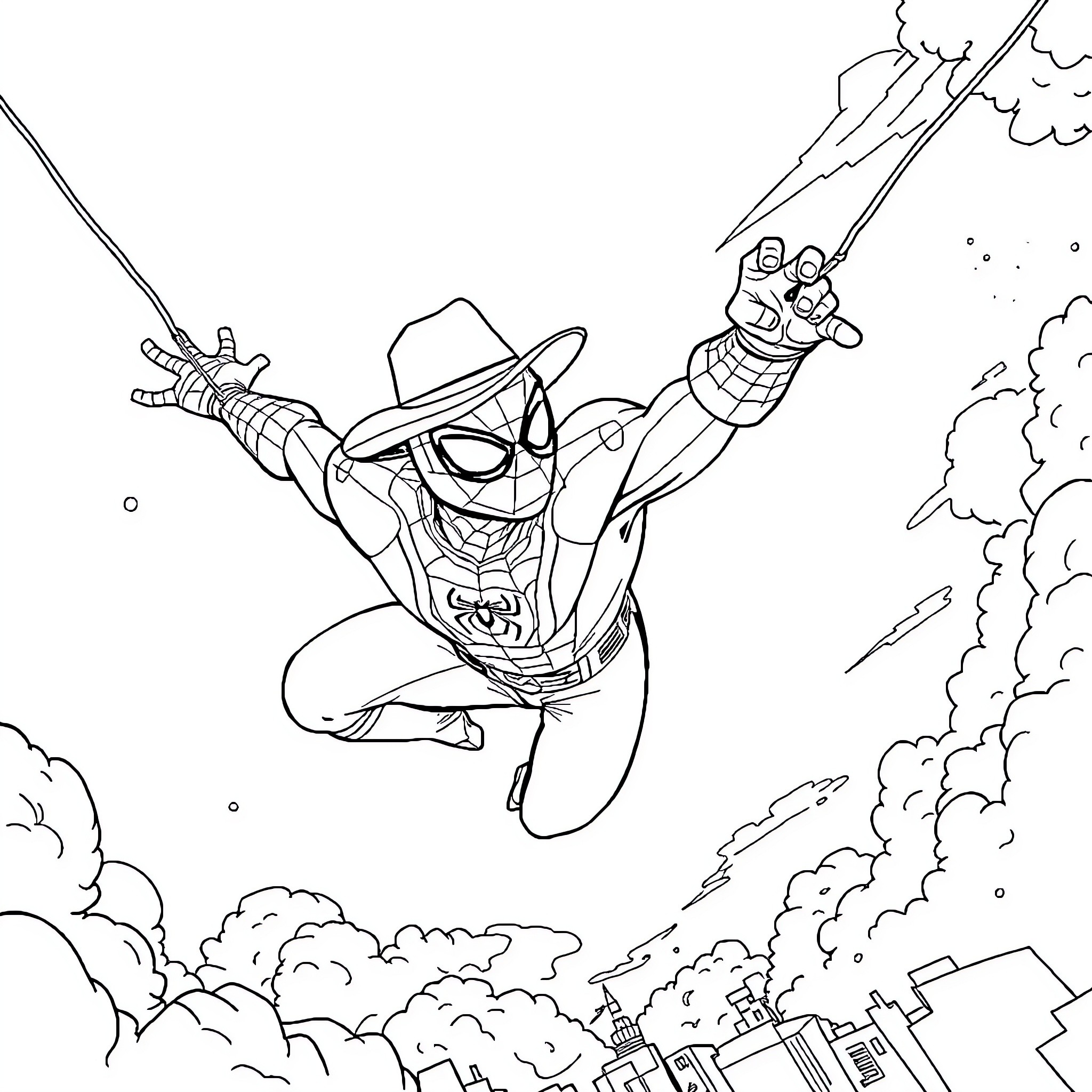 Spiderman swinging through the city skyline Coloring Page (free black-and-white line drawing printable PDF for all, from beginners to advanced learners, including children, teens, adults, and seniors)