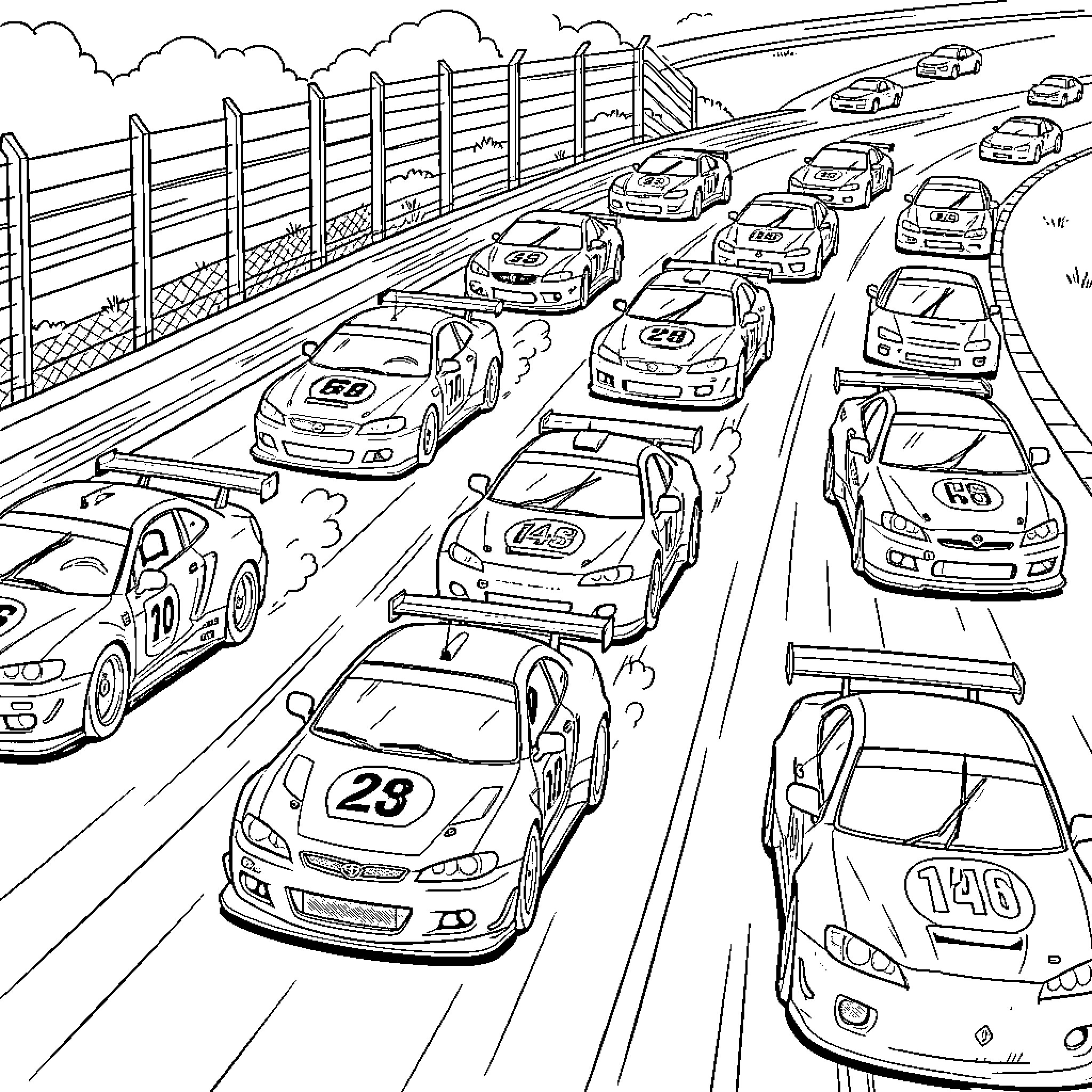Racing Car Scene on a Busy Racetrack Coloring Page (free black-and-white line drawing printable PDF for all, from beginners to advanced learners, including children, teens, adults, and seniors)