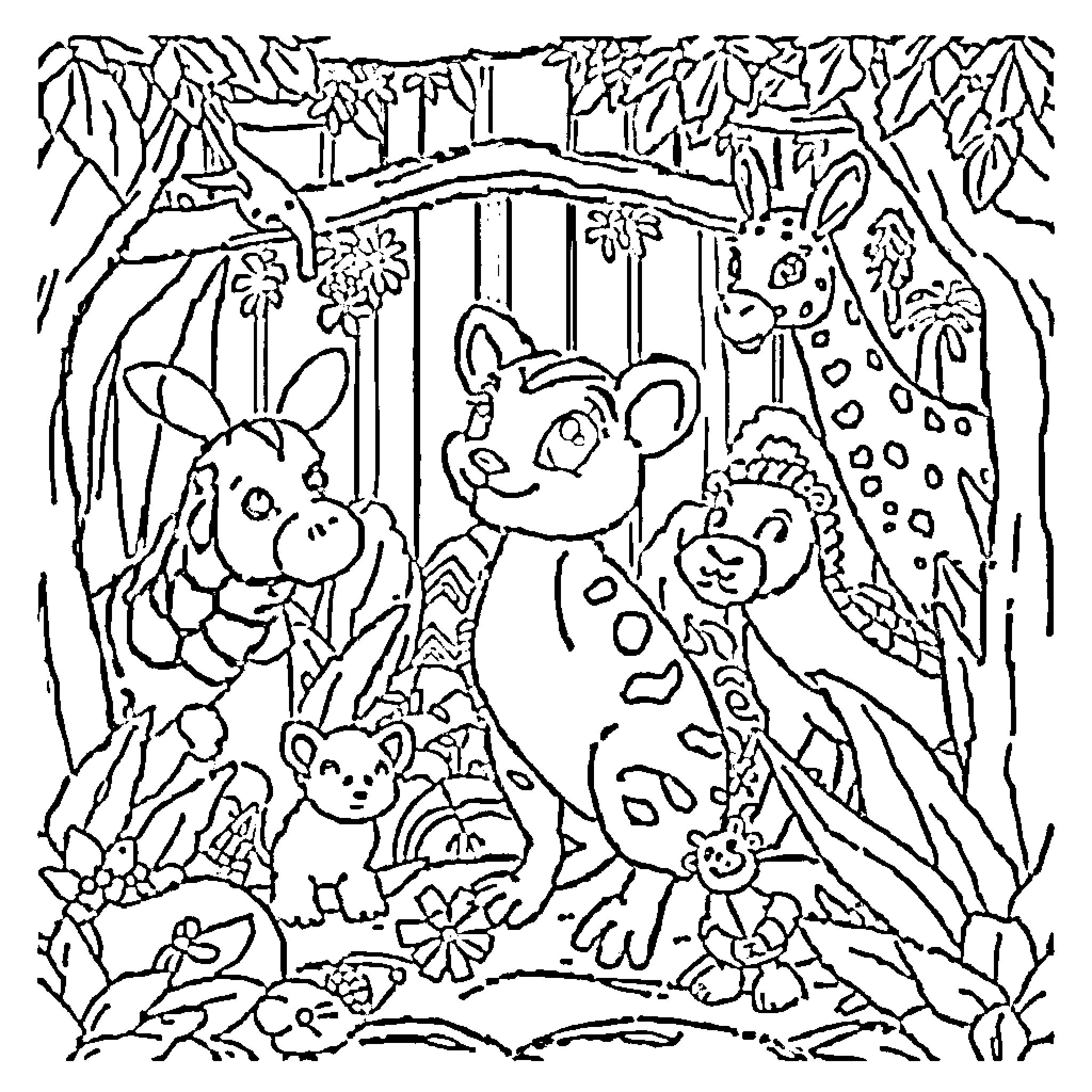 Raiponce's Animal Friends in the Enchanted Forest Coloring Page (free black-and-white line drawing printable PDF for all, from beginners to advanced learners, including children, teens, adults, and seniors)